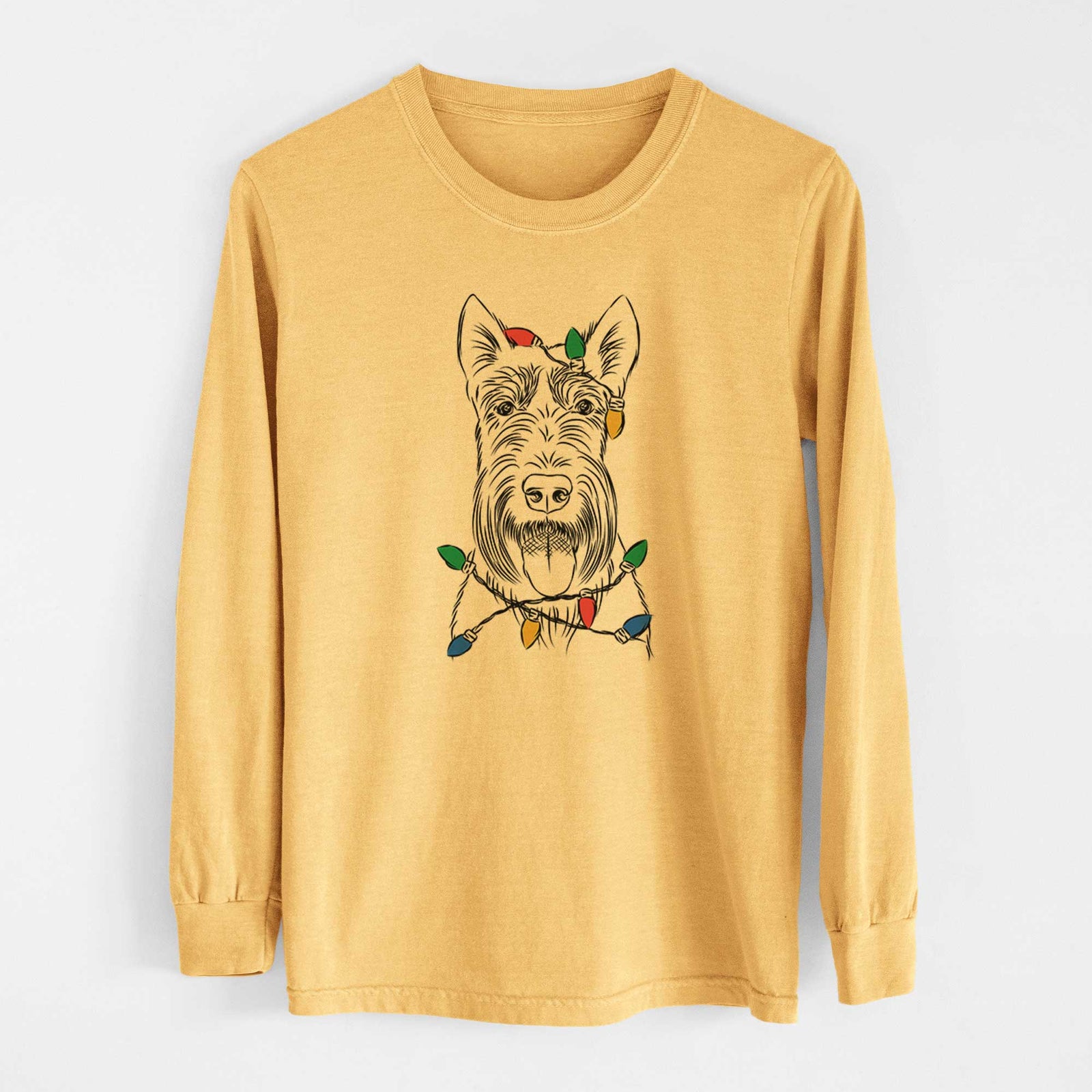 Christmas Lights Oswald the Scottish Terrier - Heavyweight 100% Cotton Long Sleeve