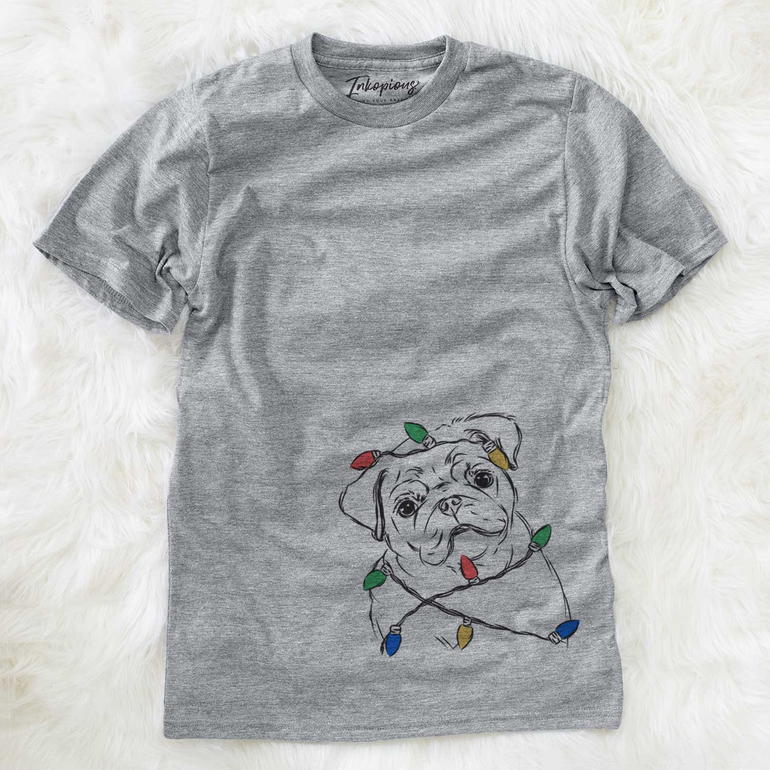 Hand-drawn sketch of Otis the Pug wrapped in Christmas lights on a Grey Unisex crewneck