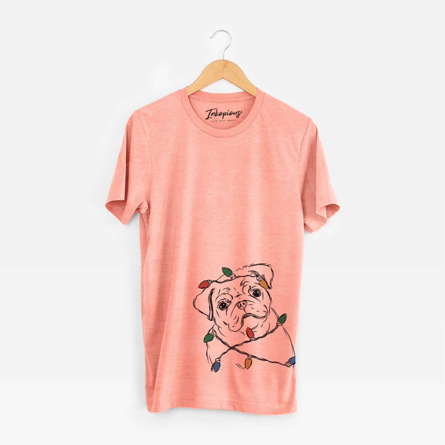 Hand-drawn sketch of Otis the Pug wrapped in Christmas lights on a Sunset Unisex crewneck