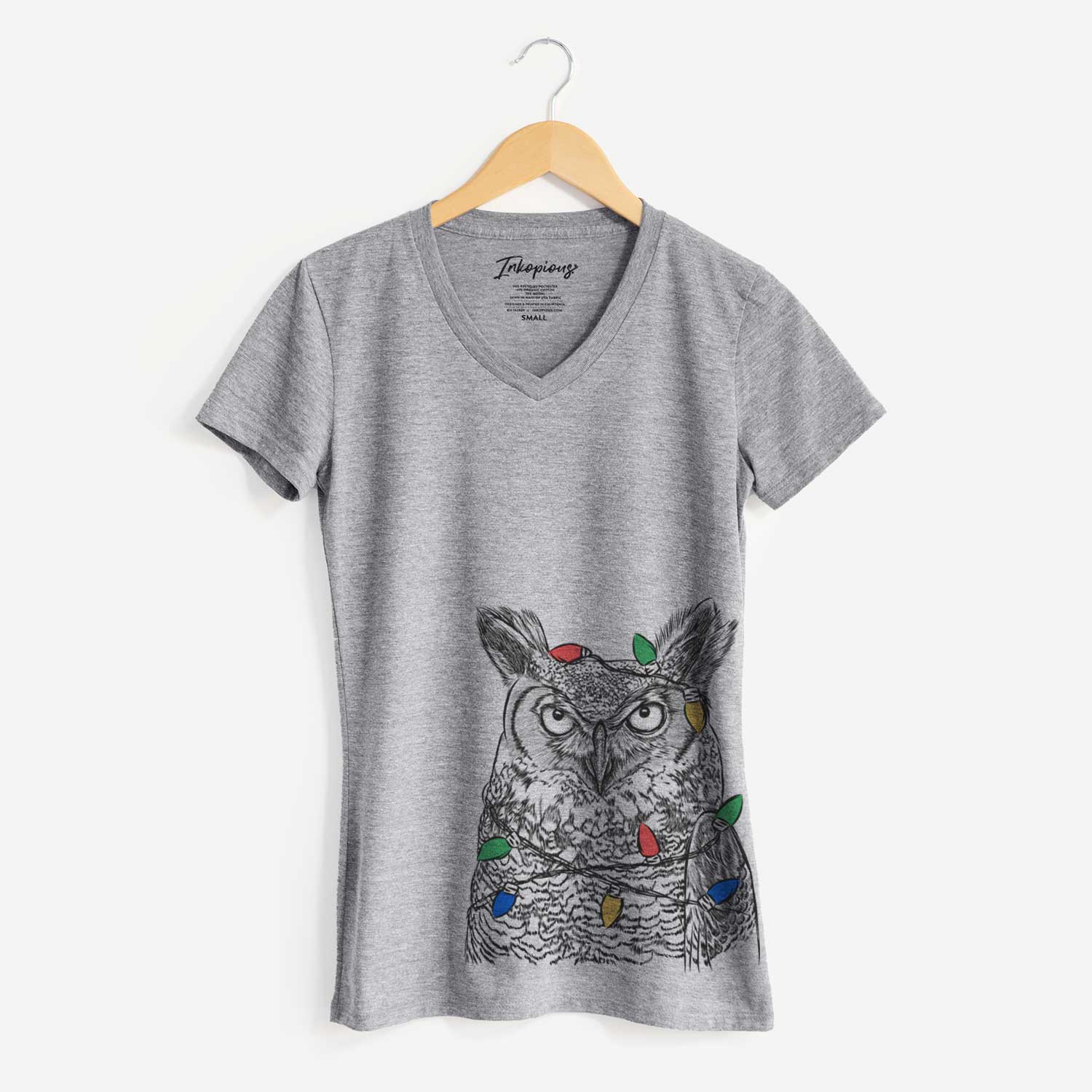 Christmas Lights Ozwald the Grey Horned Owl - Women's V-neck Shirt