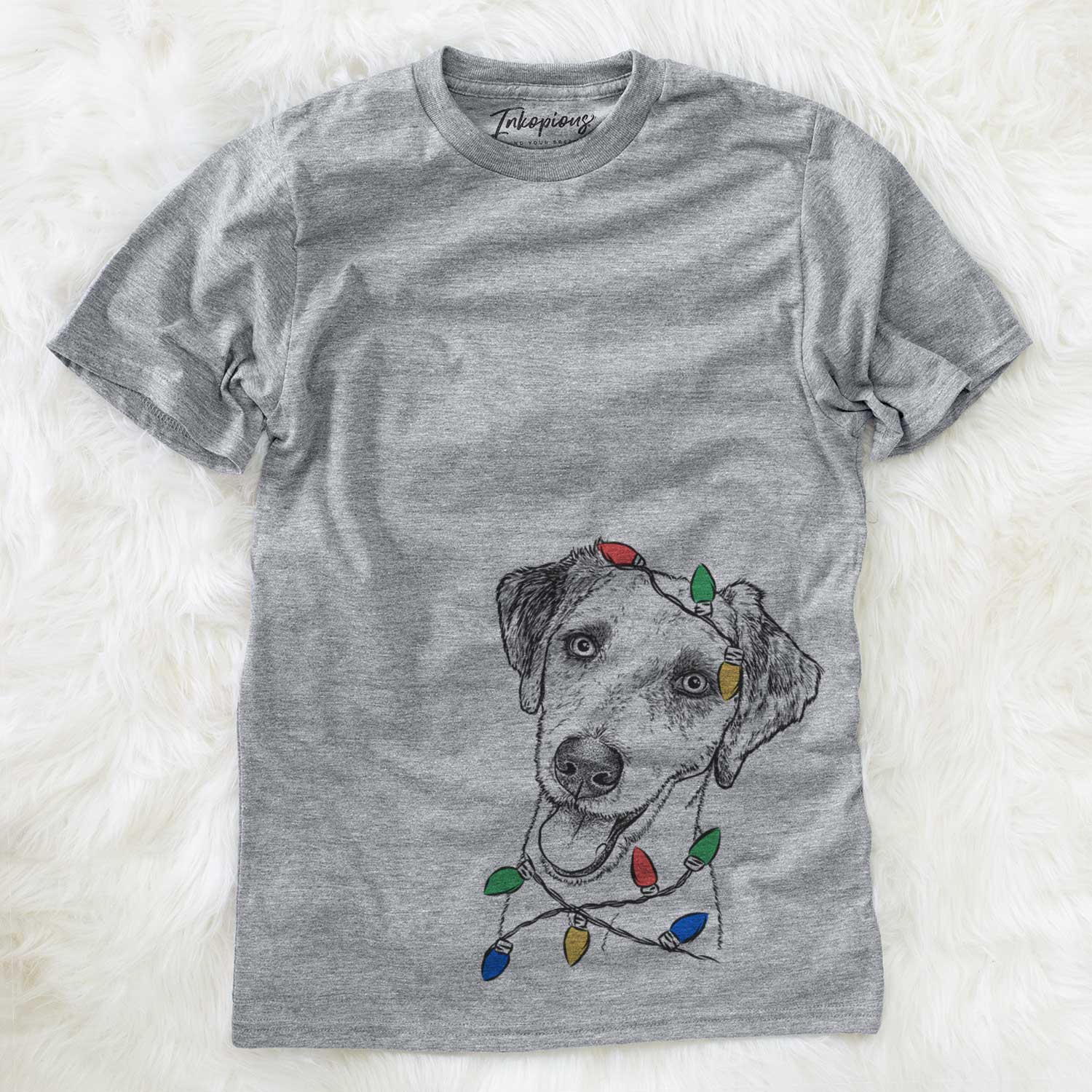 Hand-drawn sketch of Palm Palm the Aussiedoodle wrapped in Christmas lights on a Grey Unisex crewneck