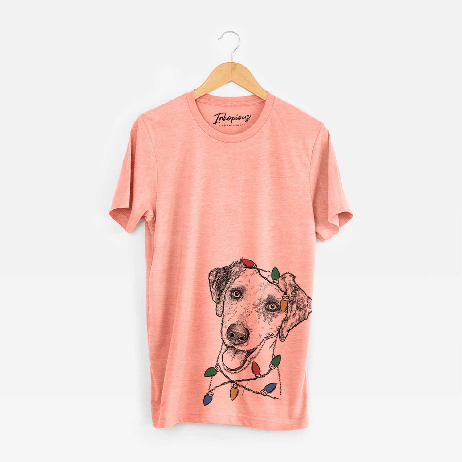 Hand-drawn sketch of Palm Palm the Aussiedoodle wrapped in Christmas lights on a Sunset Unisex crewneck