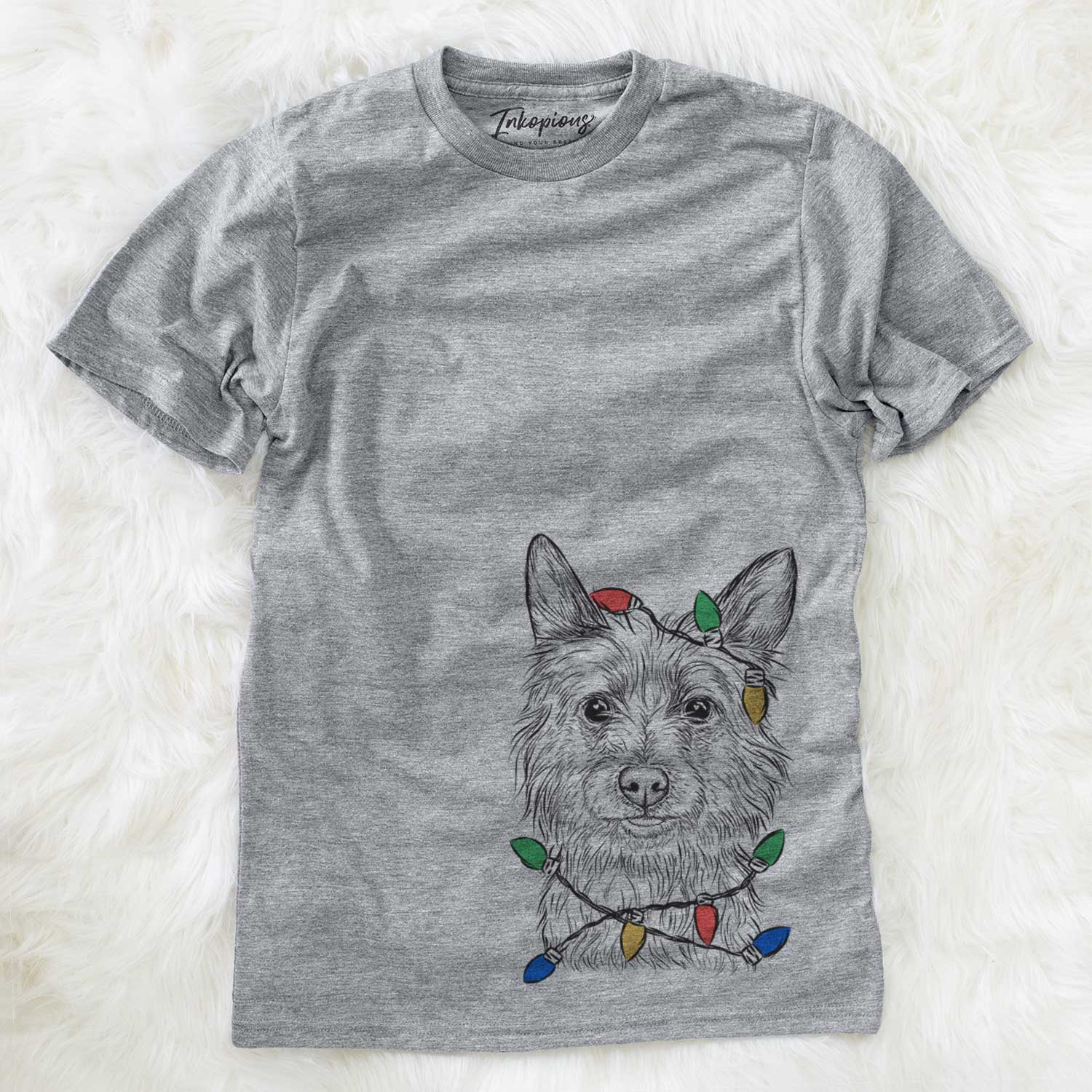 Hand-drawn sketch of Paulo the Portuguese Podengo wrapped in Christmas lights on a Grey Unisex crewneck