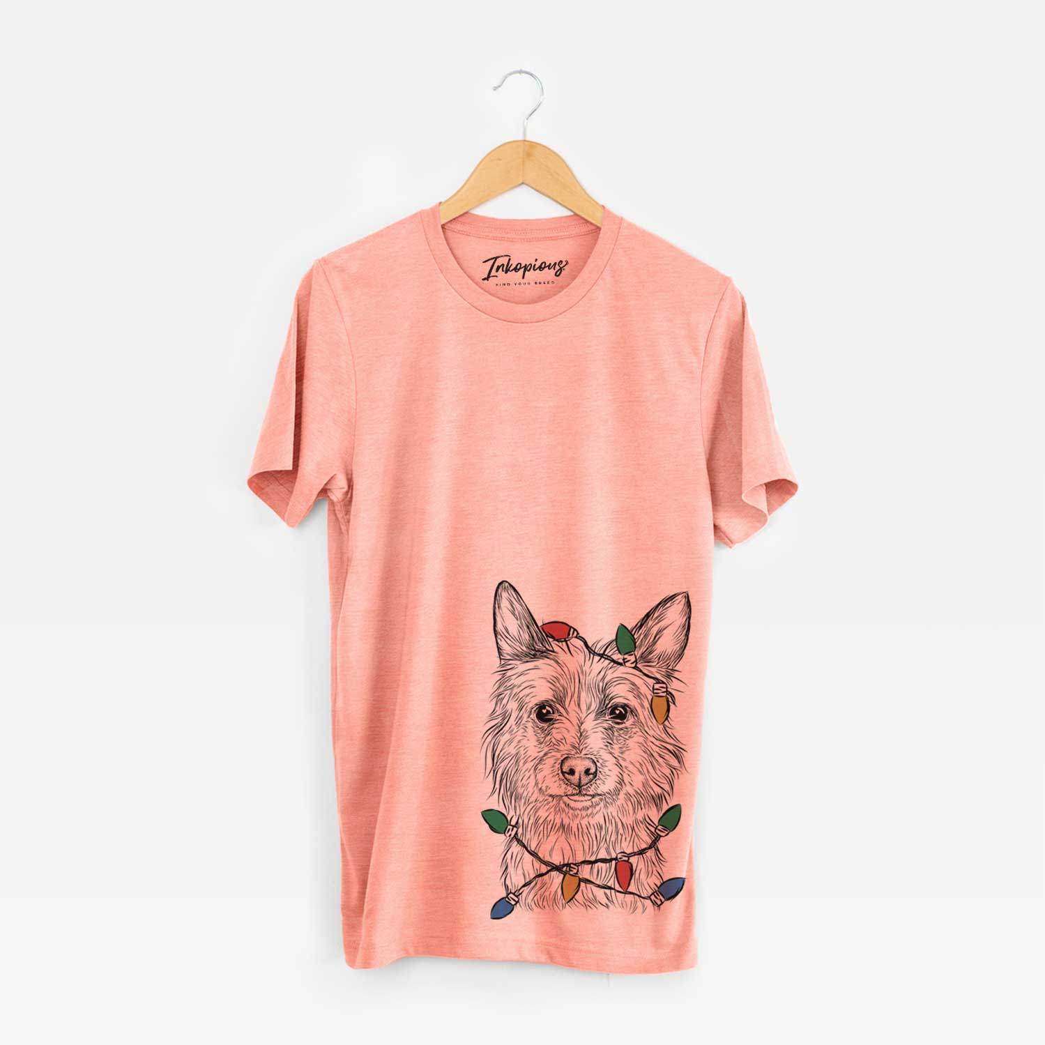 Hand-drawn sketch of Paulo the Portuguese Podengo wrapped in Christmas lights on a Sunset Unisex crewneck