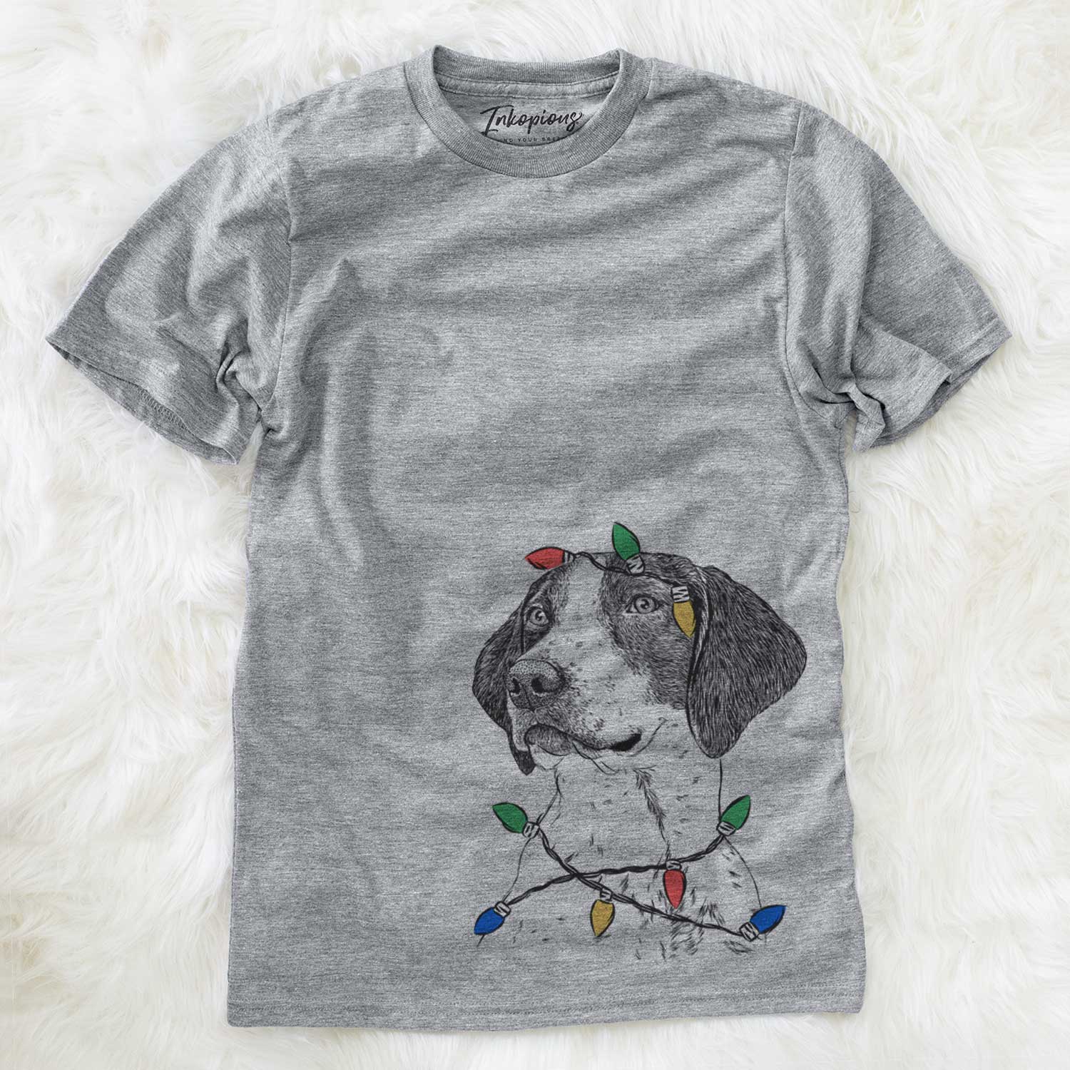 Hand-drawn sketch of Payton the Mixed Breed wrapped in Christmas lights on a Grey Unisex crewneck