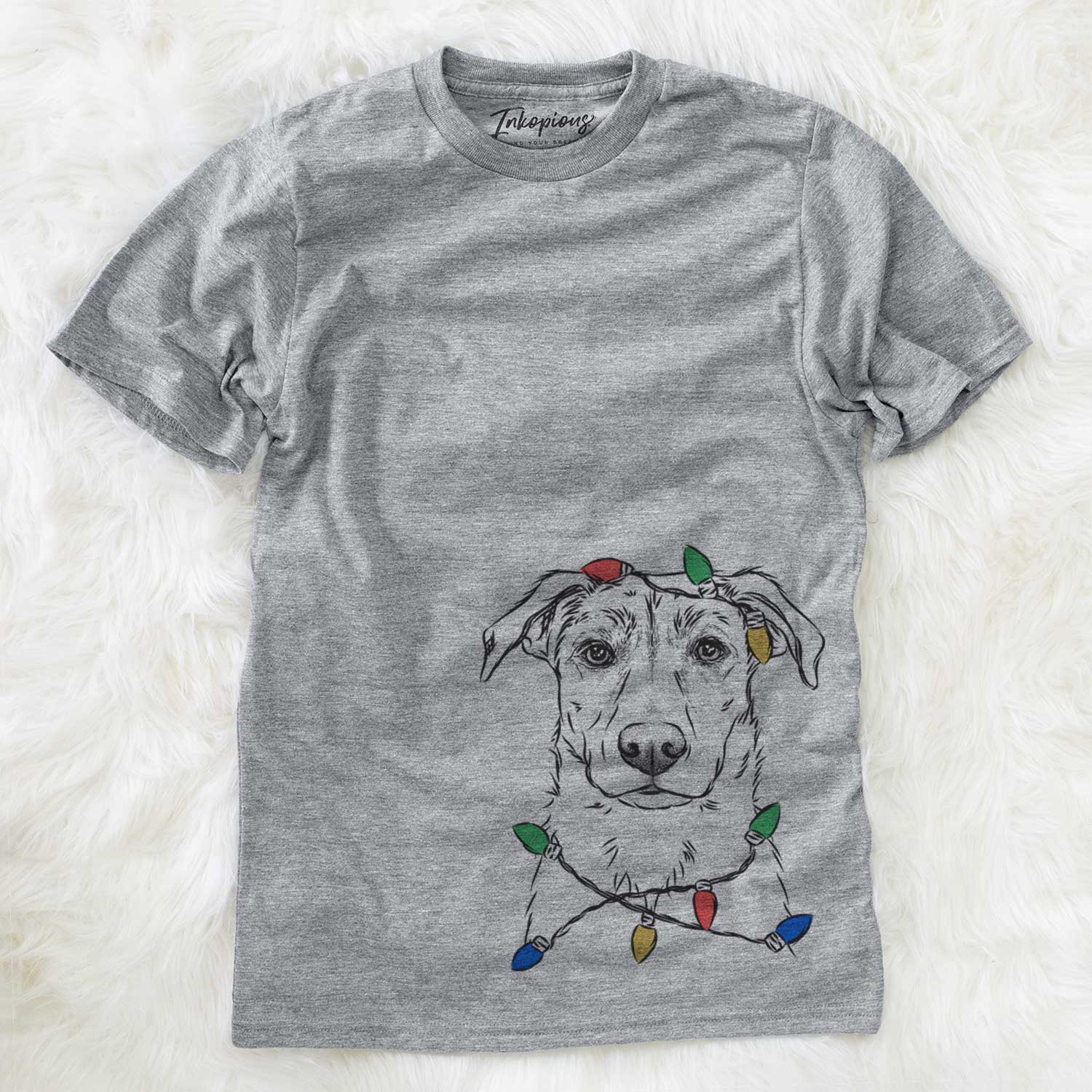 Hand-drawn sketch of Peanut the Lab Mix wrapped in Christmas lights on a Grey Unisex crewneck