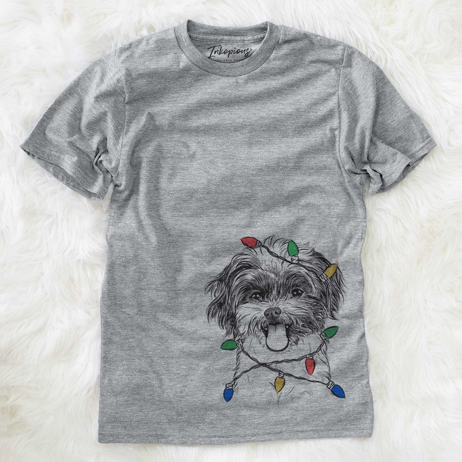 Hand-drawn sketch of Pepper the Shihpoo wrapped in Christmas lights on a Grey Unisex crewneck
