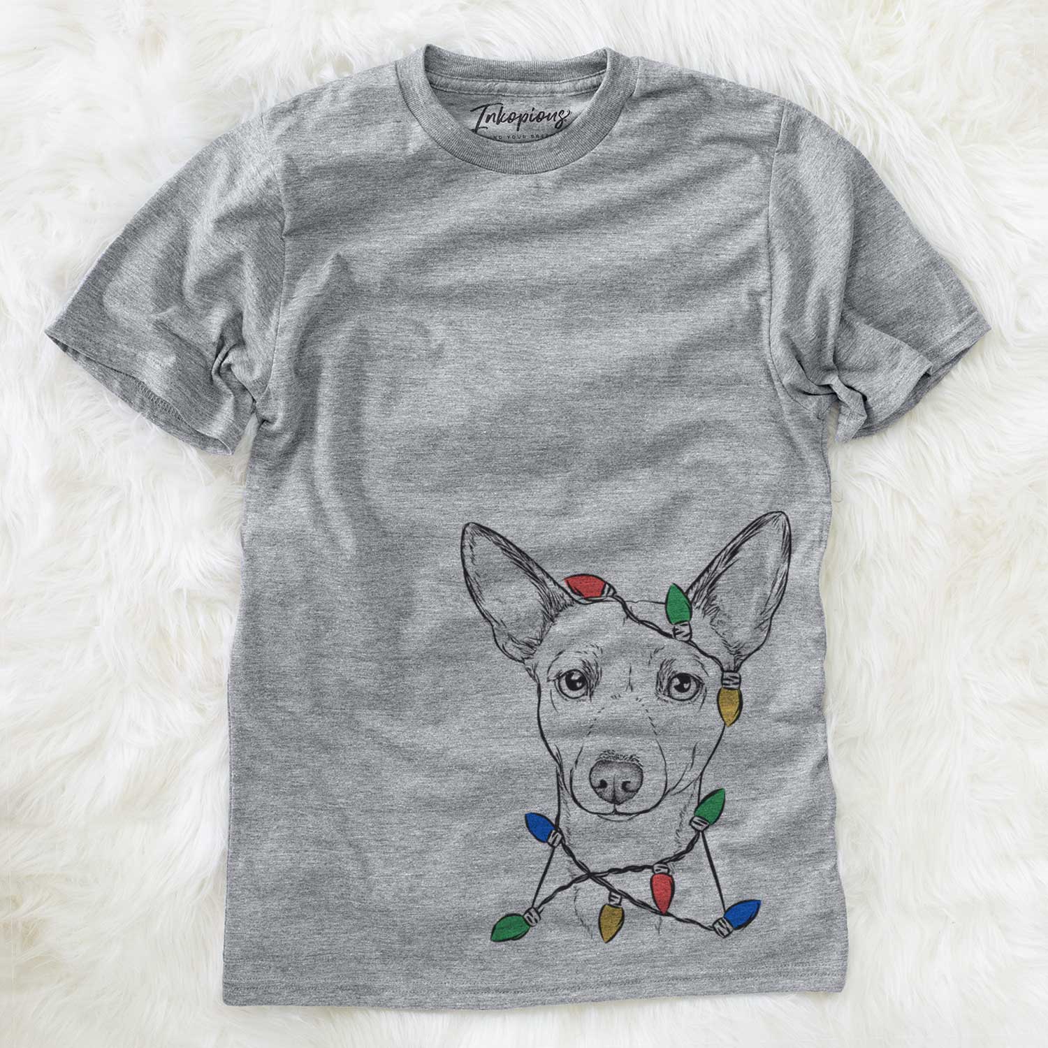 Hand-drawn sketch of Perry the Portuguese Podengo wrapped in Christmas lights on a Grey Unisex crewneck