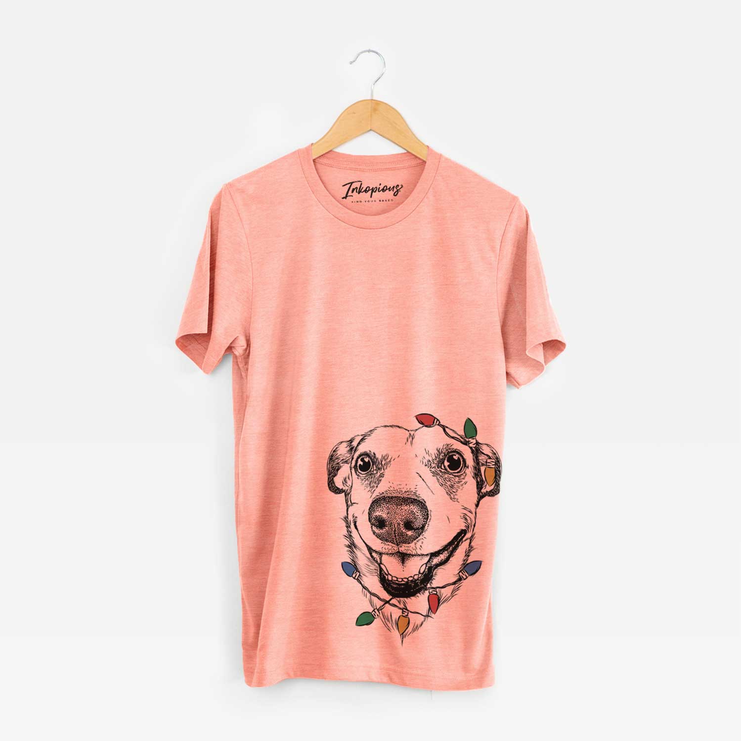 Hand-drawn sketch of Petrah the Staffy Mix wrapped in Christmas lights on a Sunset Unisex crewneck