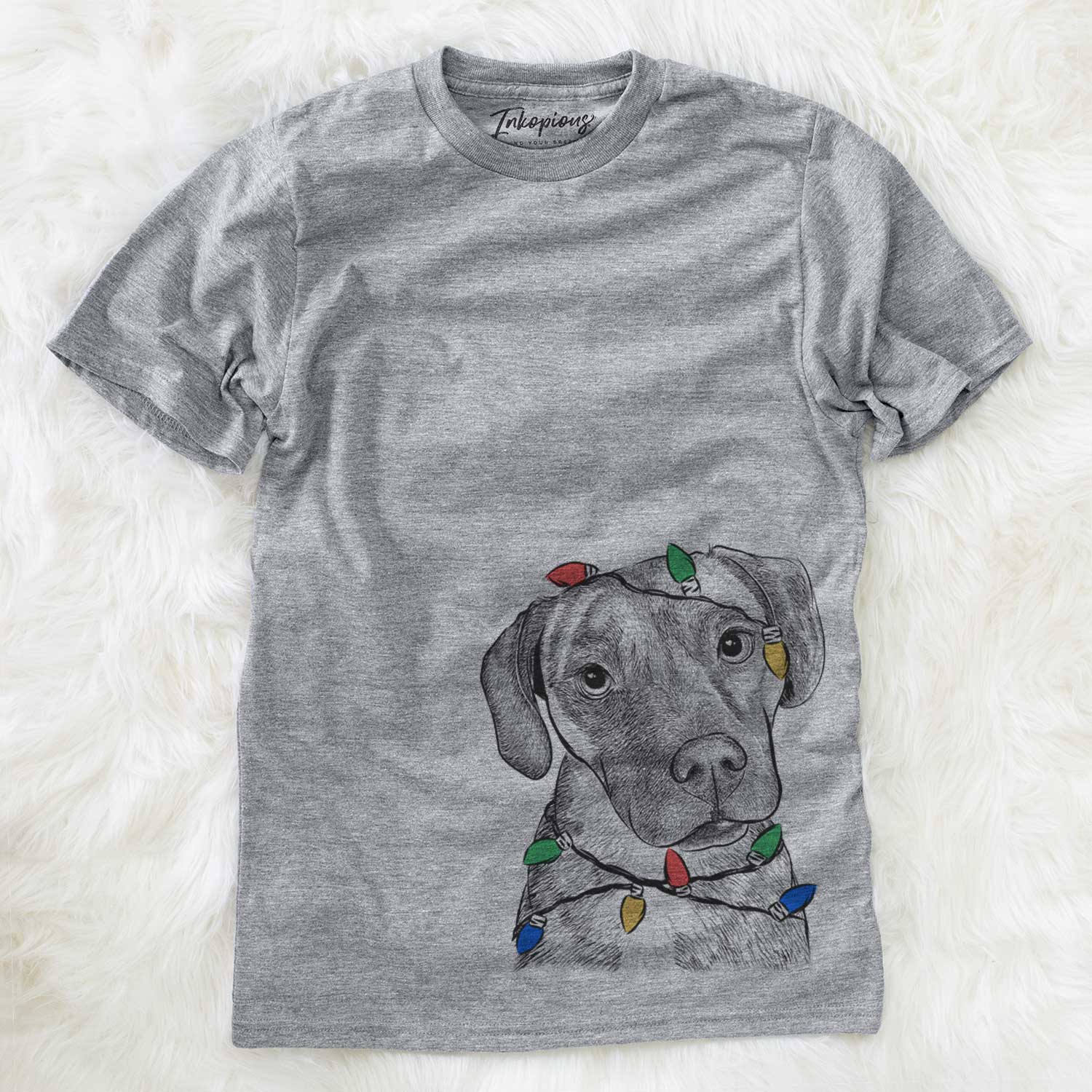 Hand-drawn sketch of Peyton Manning the Beagle Bulldog Mix wrapped in Christmas lights on a Grey Unisex crewneck