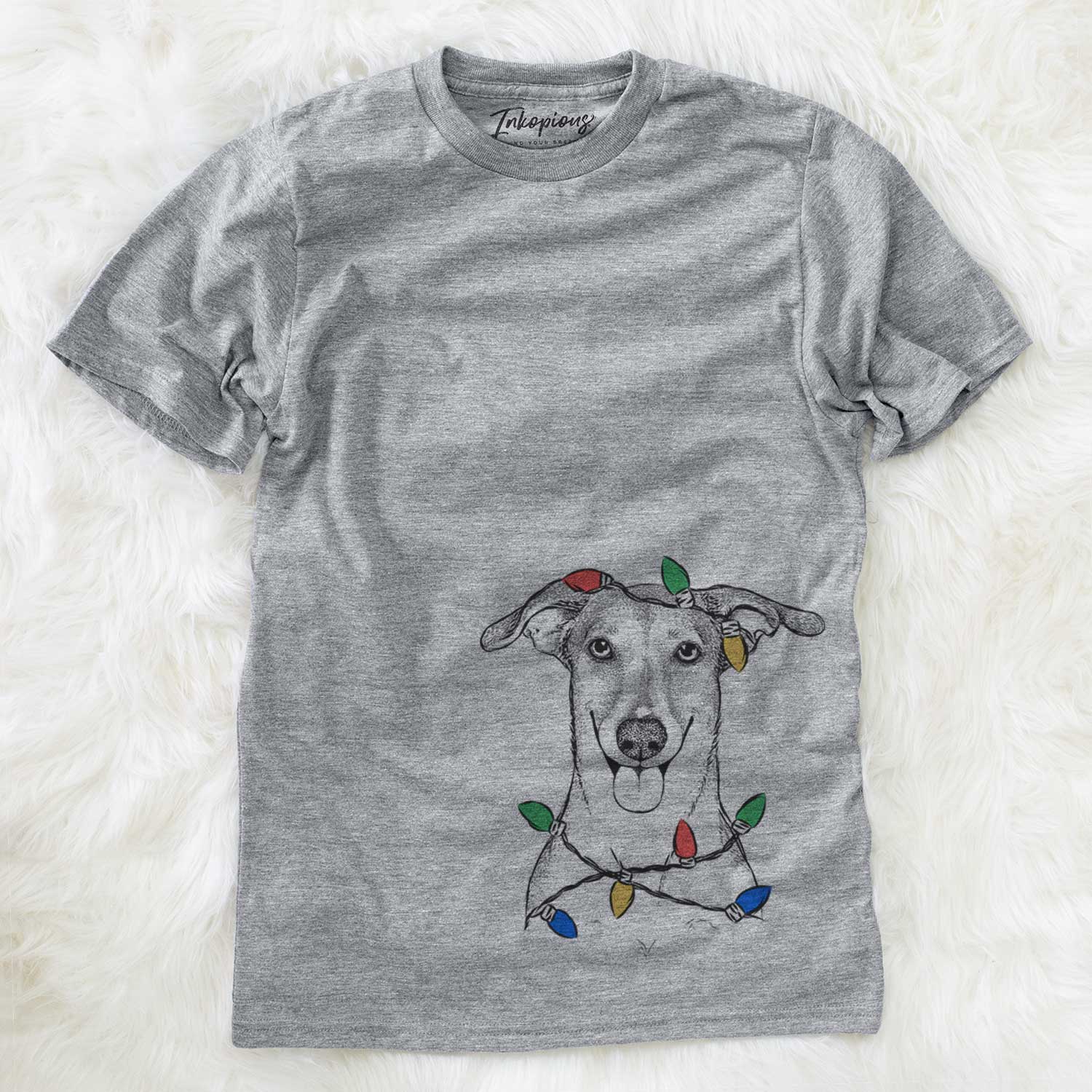 Hand-drawn sketch of Phoebe the Corgi Mix wrapped in Christmas lights on a Grey Unisex crewneck