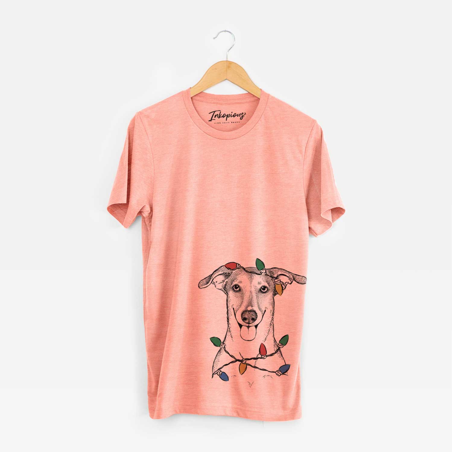 Hand-drawn sketch of Phoebe the Corgi Mix wrapped in Christmas lights on a Sunset Unisex crewneck