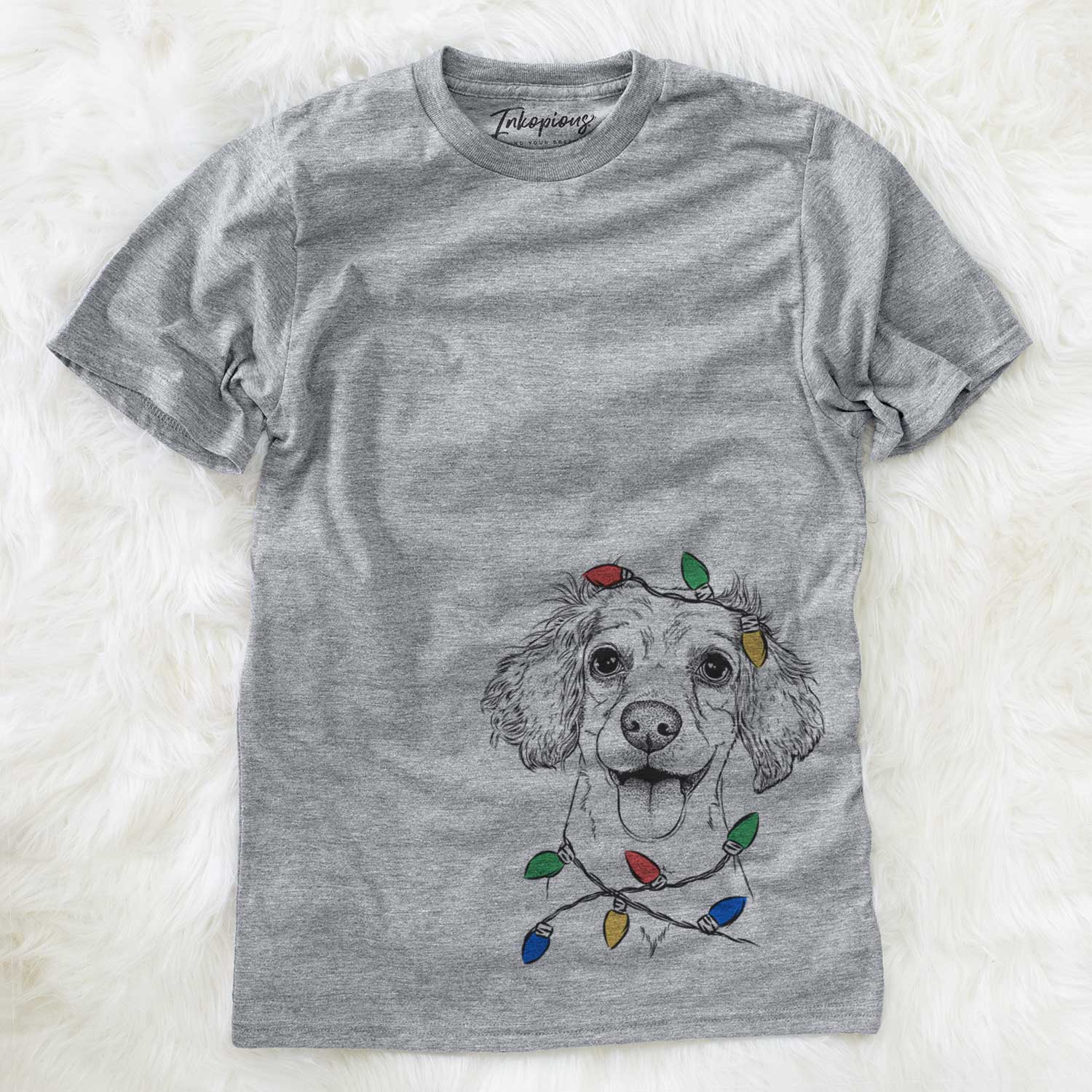 Hand-drawn sketch of Piglet the Dachshund Mix wrapped in Christmas lights on a Grey Unisex crewneck