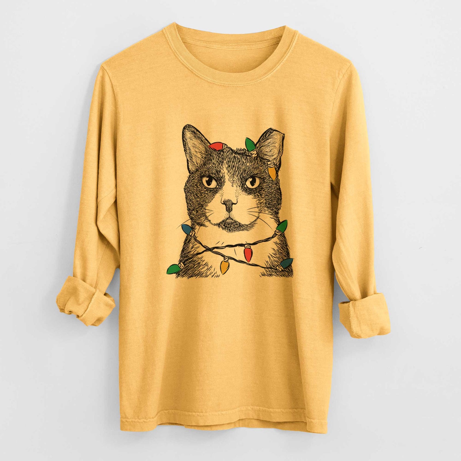 Christmas Lights Pinky the Tuxedo Cat - Heavyweight 100% Cotton Long Sleeve