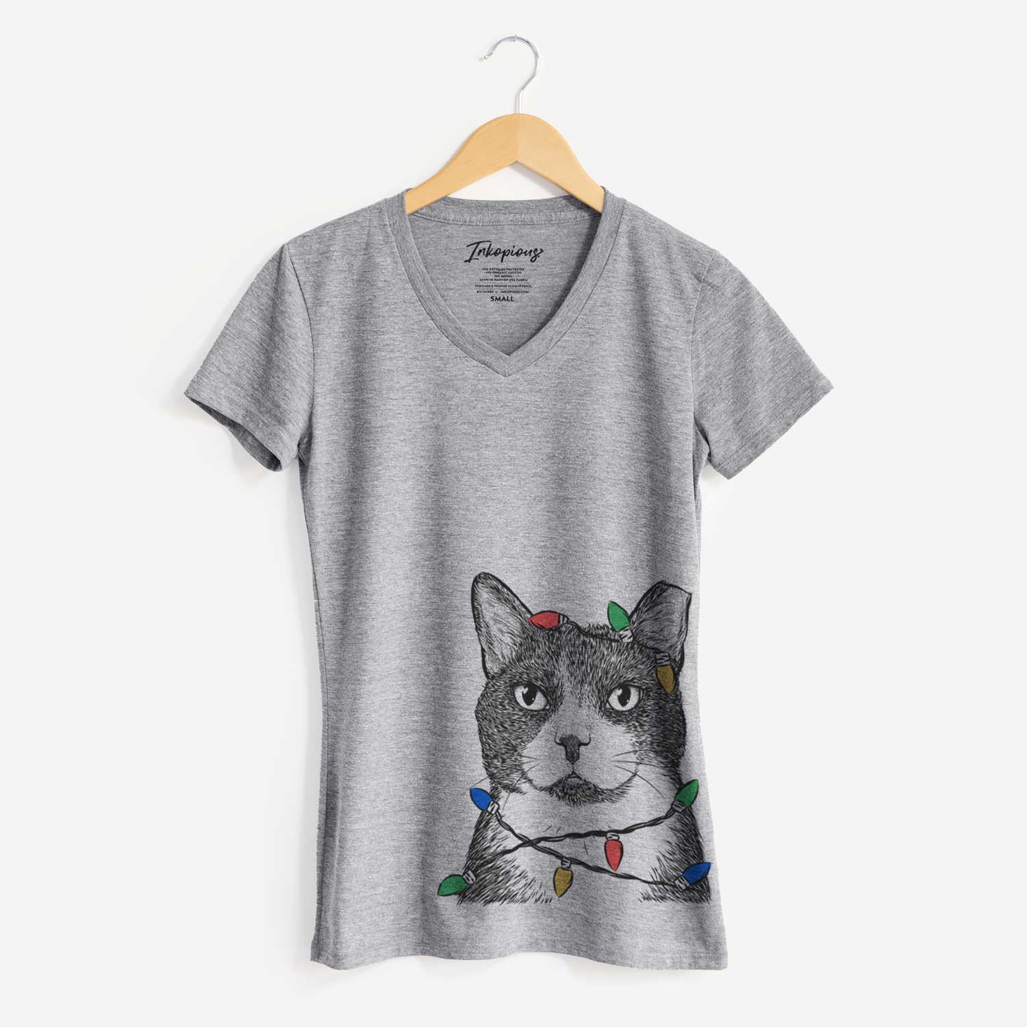 Christmas Lights Pinky the Tuxedo Cat - Women's V-neck Shirt
