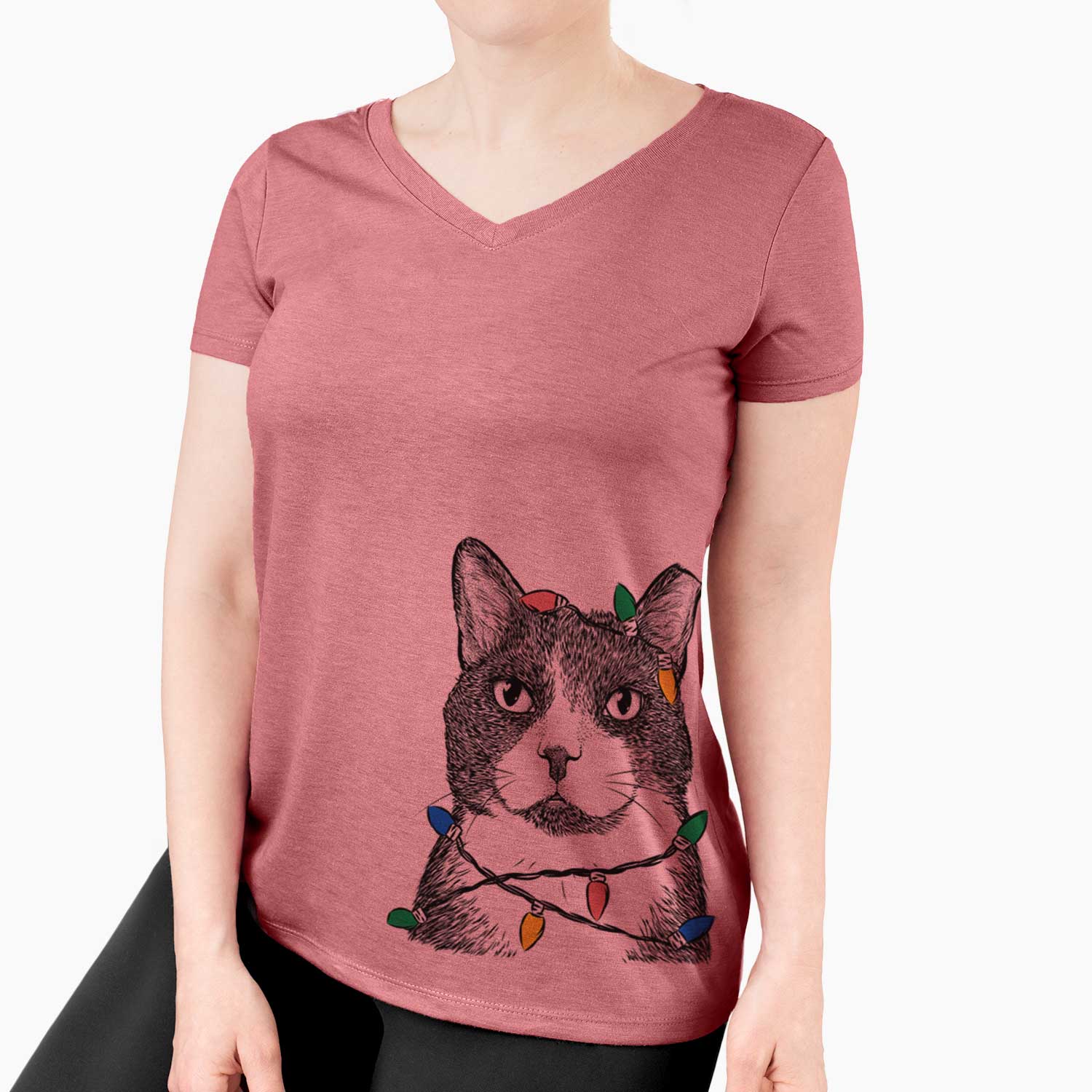 Christmas Lights Pinky the Tuxedo Cat - Women's V-neck Shirt