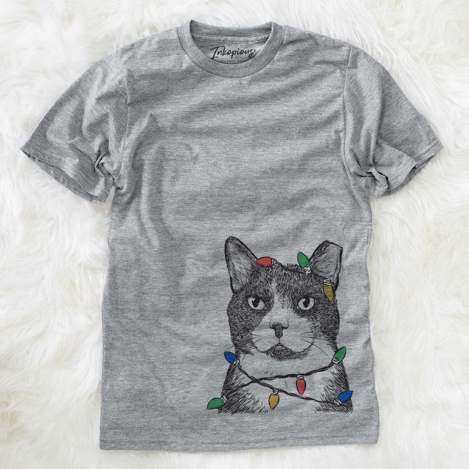 Hand-drawn sketch of Pinky the Tuxedo Cat wrapped in Christmas lights on a Grey Unisex crewneck