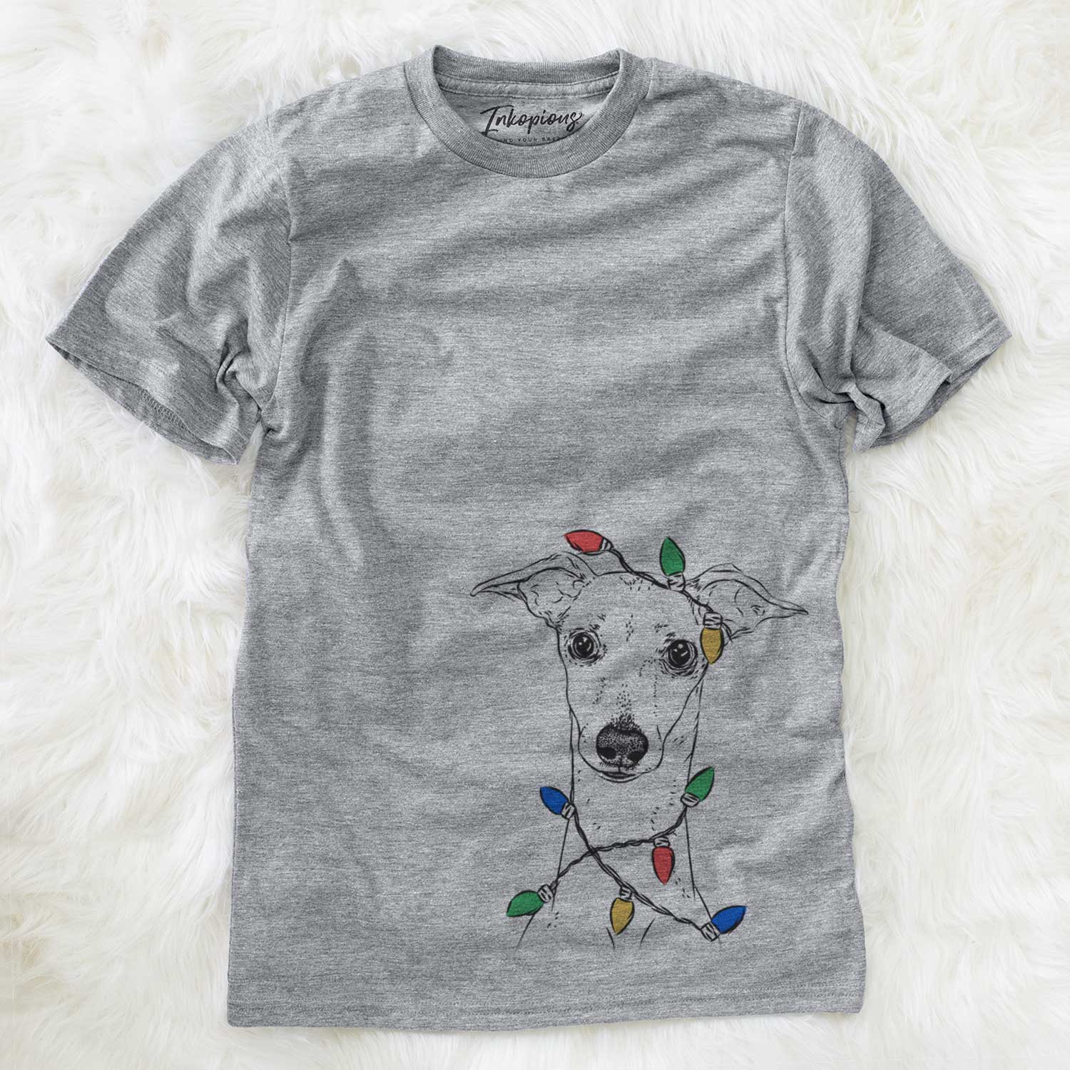 Hand-drawn sketch of Pip the Italian Greyhound wrapped in Christmas lights on an Unisex crewneck