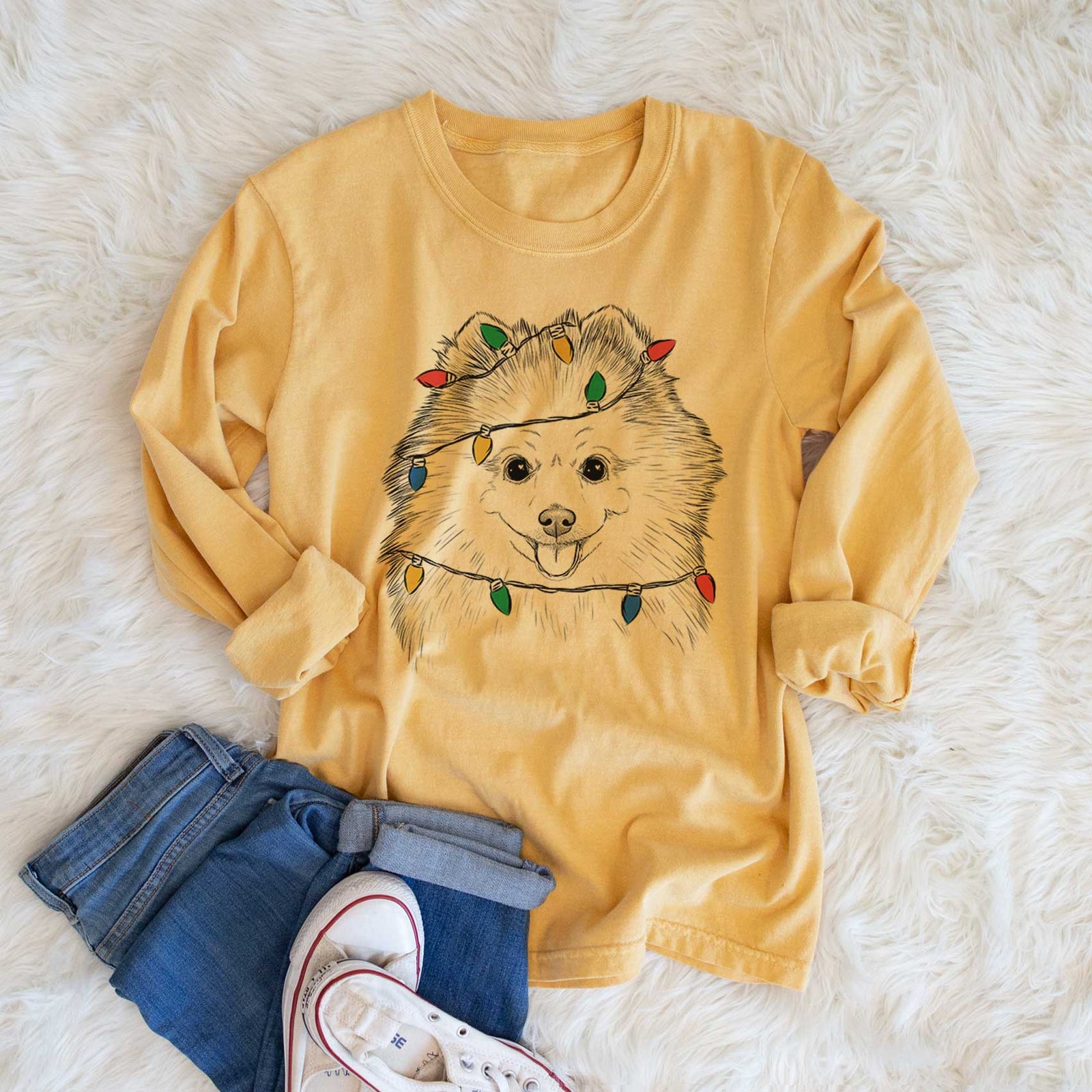 Christmas Lights Piper Jo the Pomeranian - Heavyweight 100% Cotton Long Sleeve