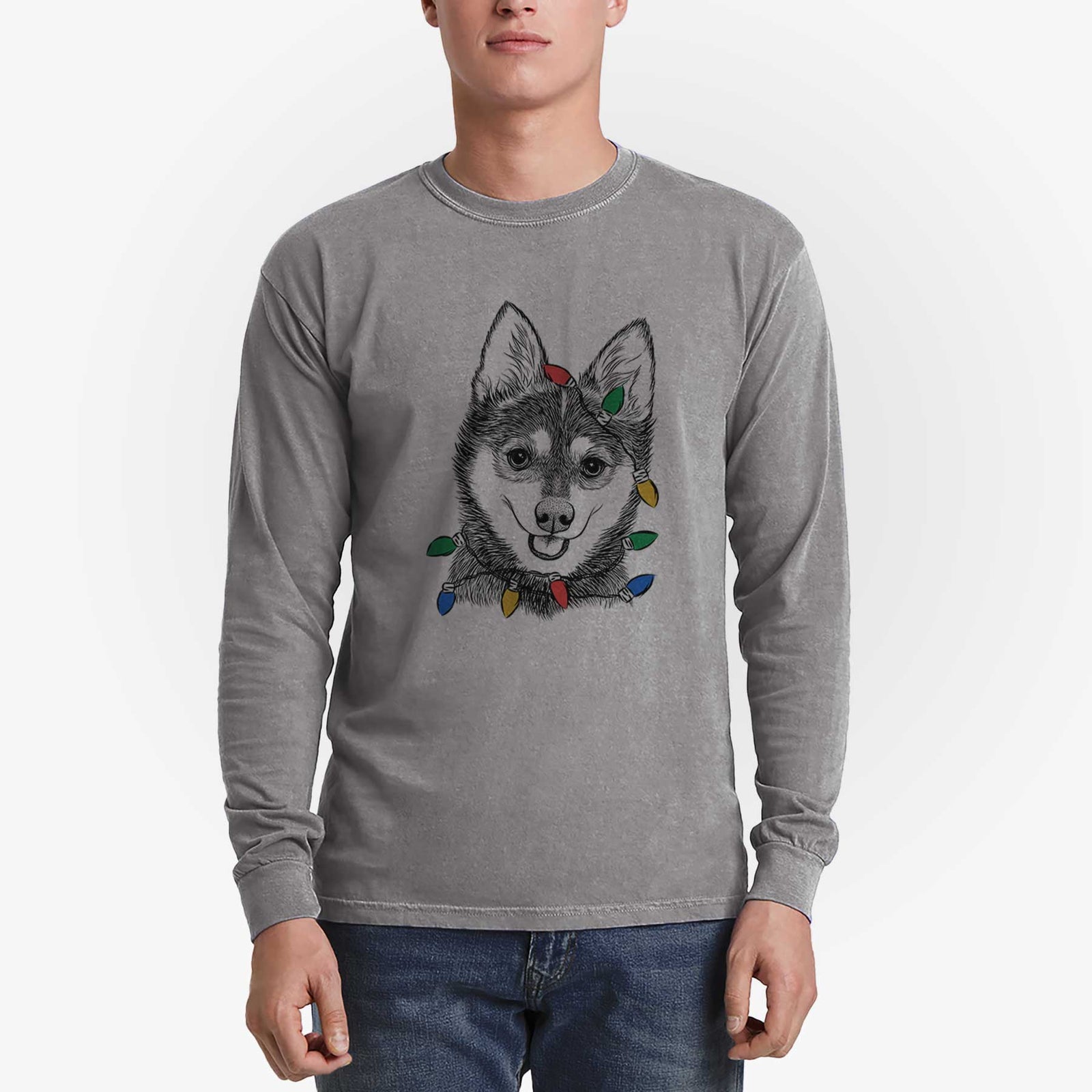 Christmas Lights Posey the Alaskan Klee Kai - Heavyweight 100% Cotton Long Sleeve