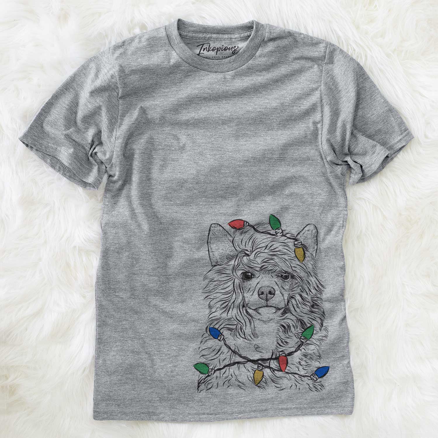 Hand-drawn sketch of Preston the Powderpuff Chinese Crested wrapped in Christmas lights on a Grey Unisex crewneck