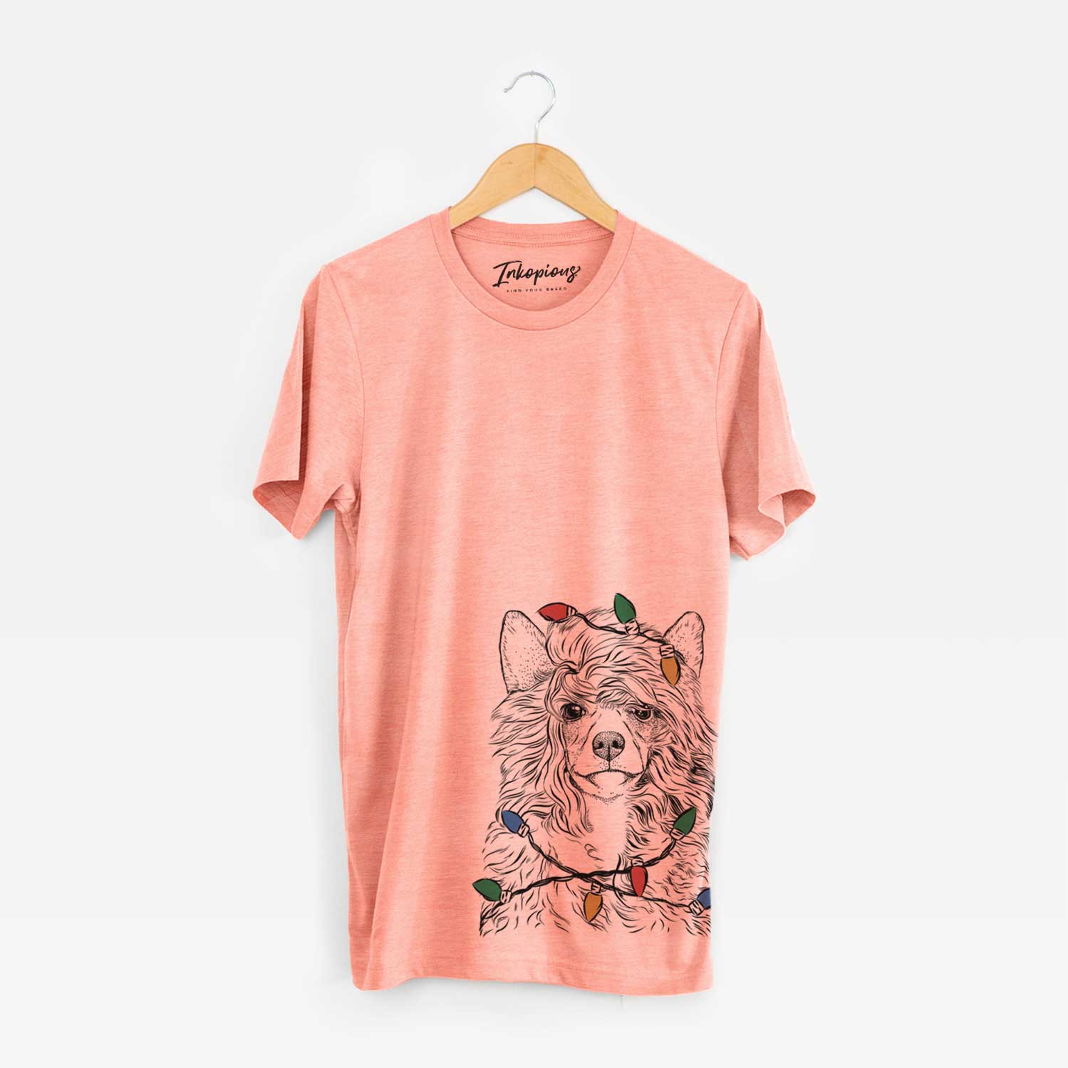 Hand-drawn sketch of Preston the Powderpuff Chinese Crested wrapped in Christmas lights on a Sunset Unisex crewneck