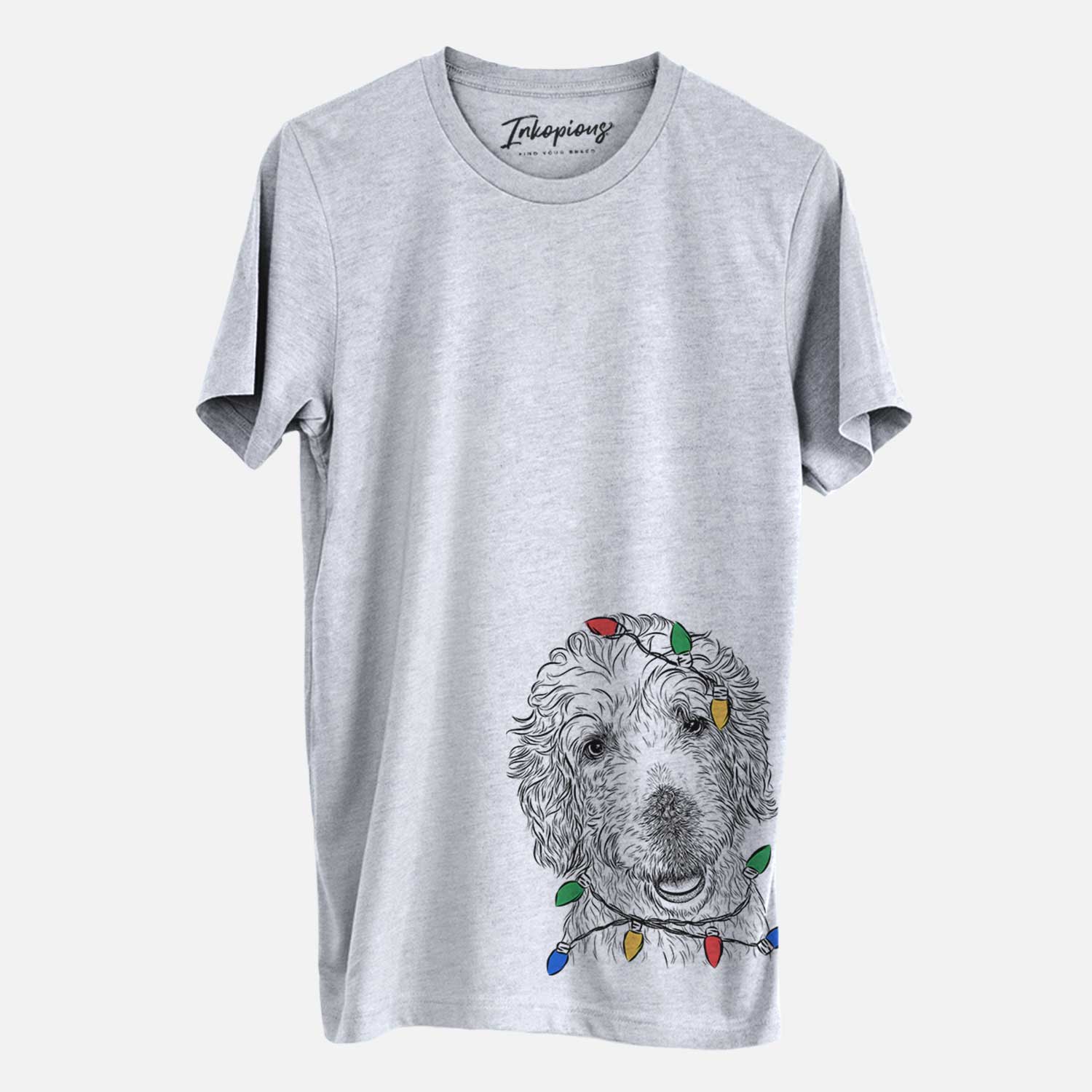 Hand-drawn sketch of Preston the Labradoodle wrapped in Christmas lights on a Grey Unisex crewneck