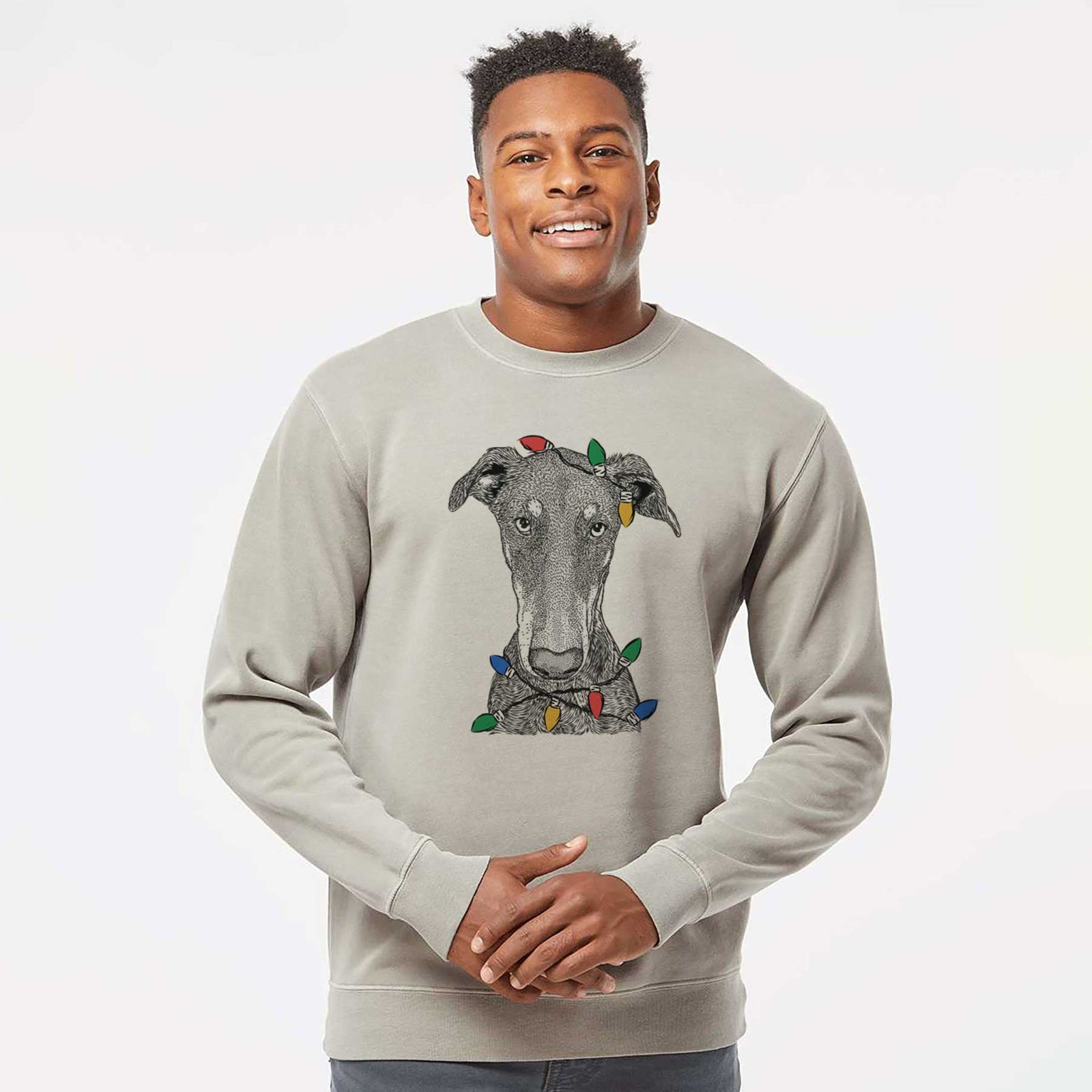 Christmas Lights Princess Fiona the Doberman Pinscher - Unisex Pigment Dyed Crew Sweatshirt