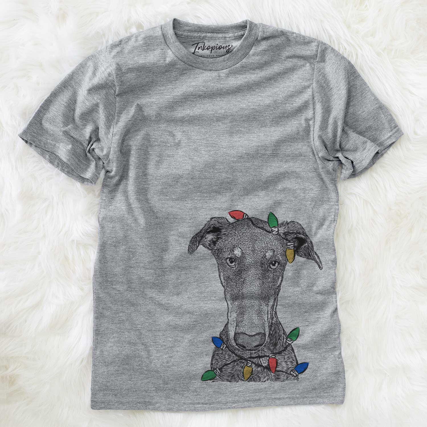 Hand-drawn sketch of Princess Fiona the Doberman Pinscher wrapped in Christmas lights on a Grey Unisex crewneck