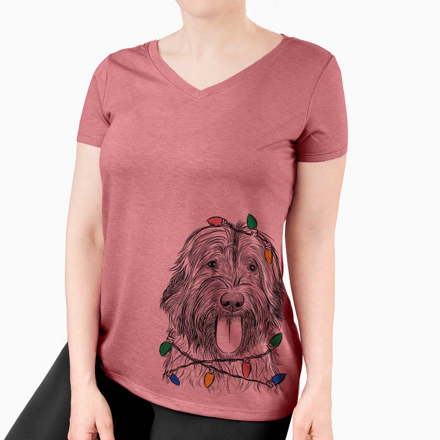 Christmas Lights Puig the Catalan Sheepdog - Women's V-neck Shirt