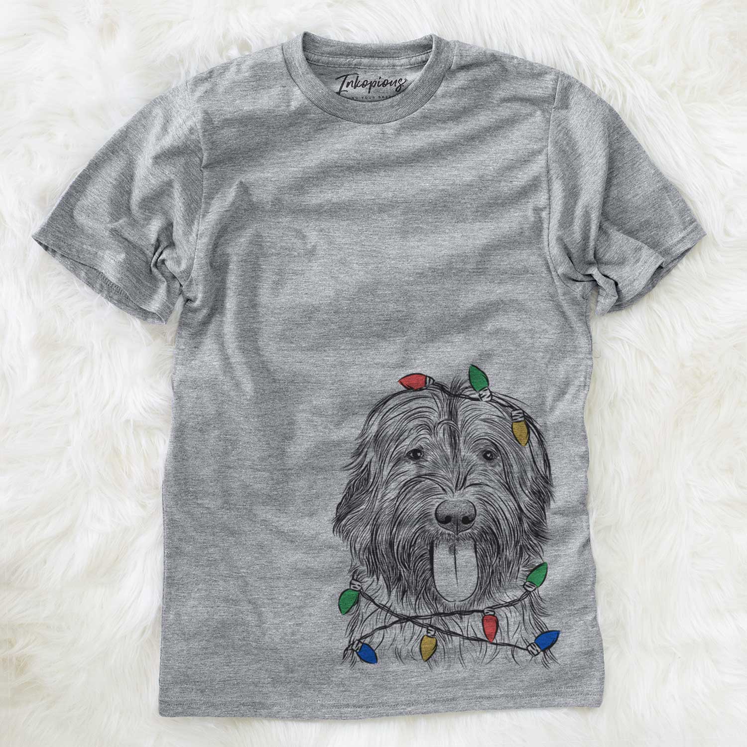 Hand-drawn sketch of Puig the Catalan Sheepdog wrapped in Christmas lights on a Grey Unisex crewneck