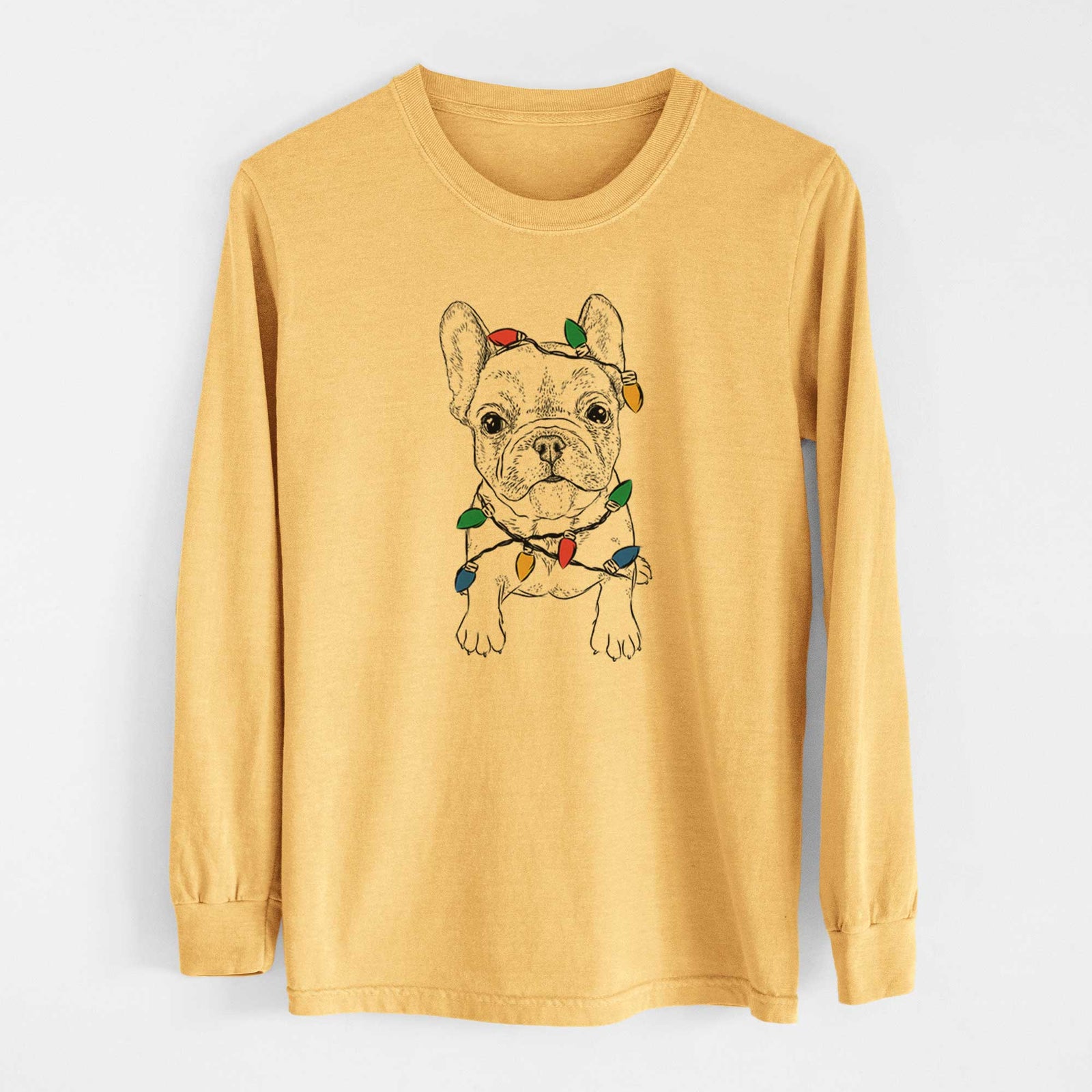 Christmas Lights Puppy Pierre the French Bulldog - Heavyweight 100% Cotton Long Sleeve
