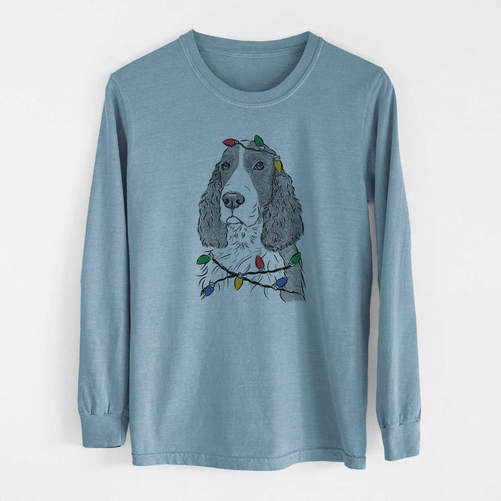 Christmas Lights Quincy the English Springer Spaniel - Heavyweight 100% Cotton Long Sleeve