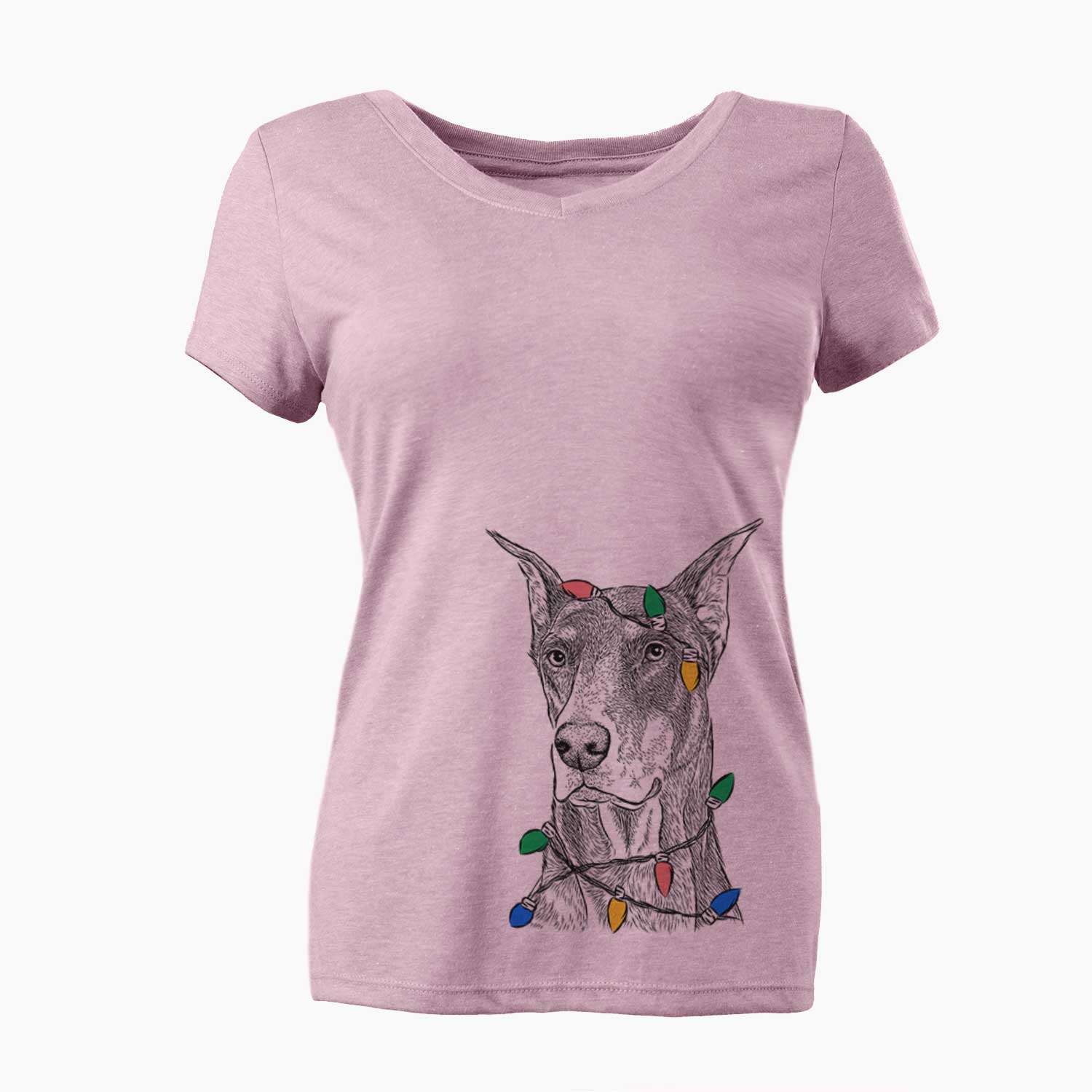 Christmas Lights RJ the Doberman Pinscher - Women's V-neck Shirt