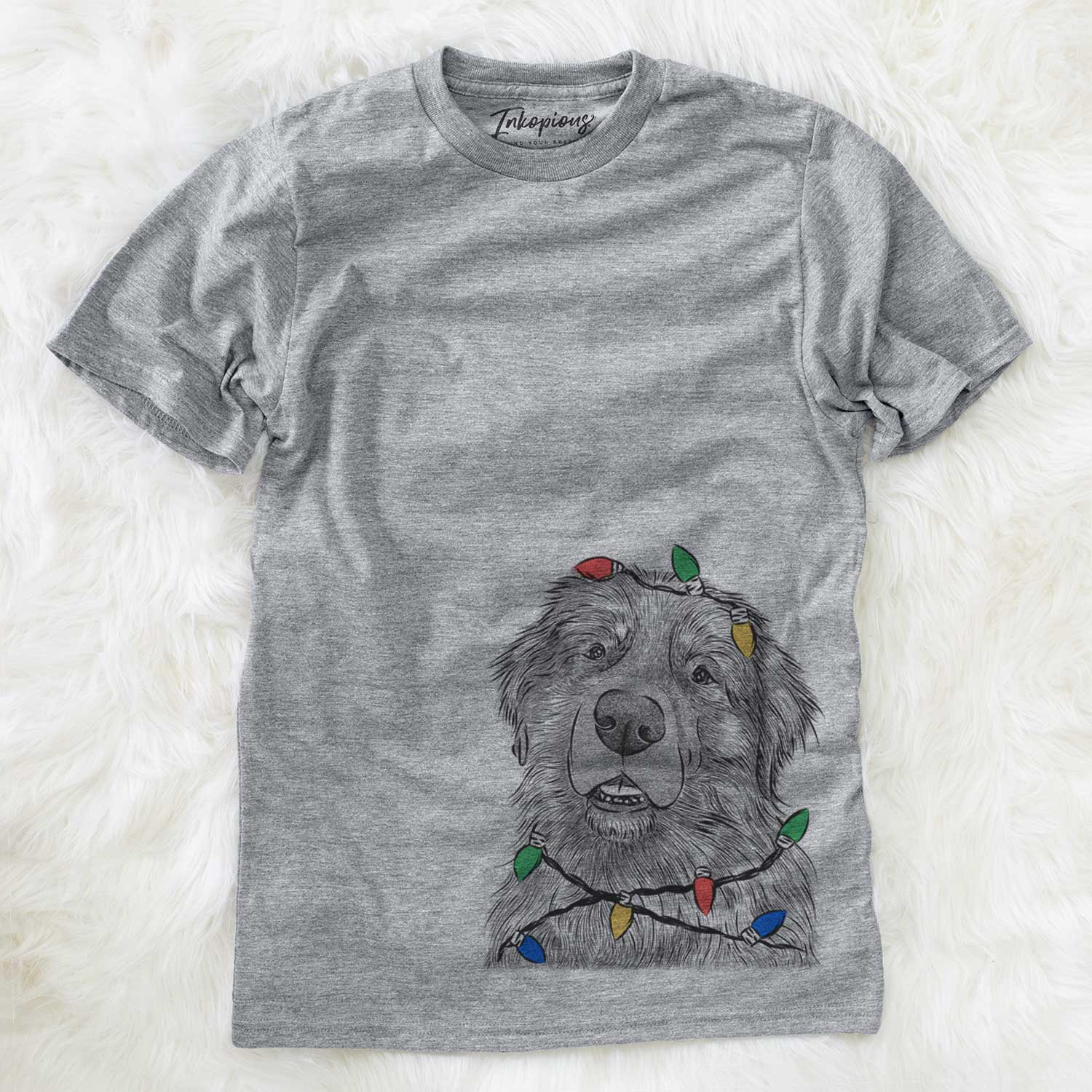 Hand-drawn sketch of Ralph the Leonberger wrapped in Christmas lights on a Grey Unisex crewneck