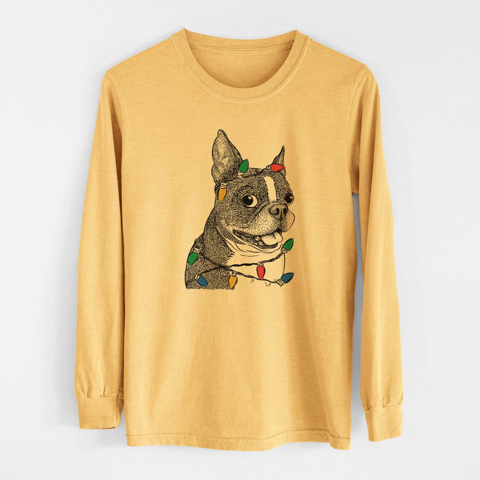 Christmas Lights Ralphie the Boston Terrier - Heavyweight 100% Cotton Long Sleeve