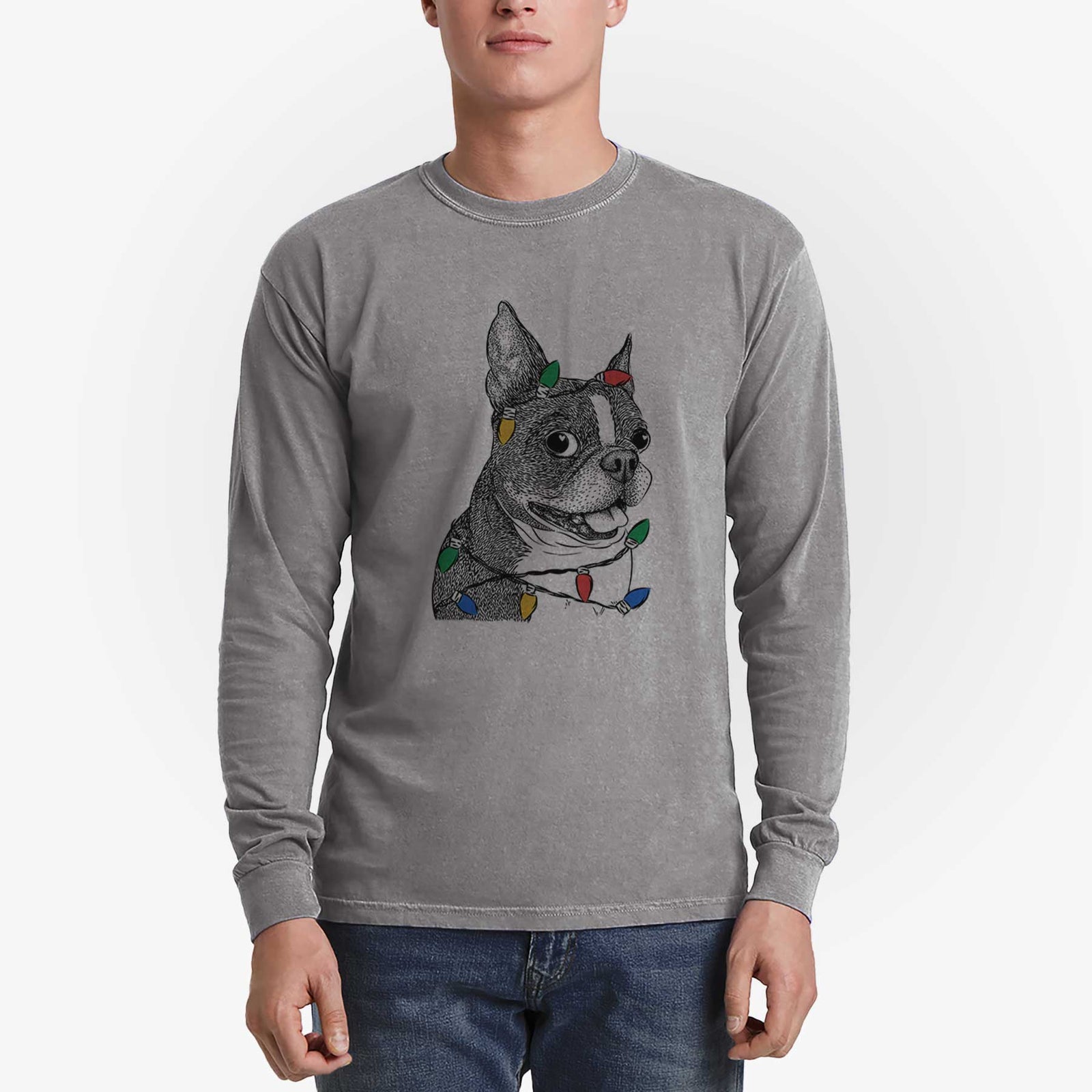 Christmas Lights Ralphie the Boston Terrier - Heavyweight 100% Cotton Long Sleeve