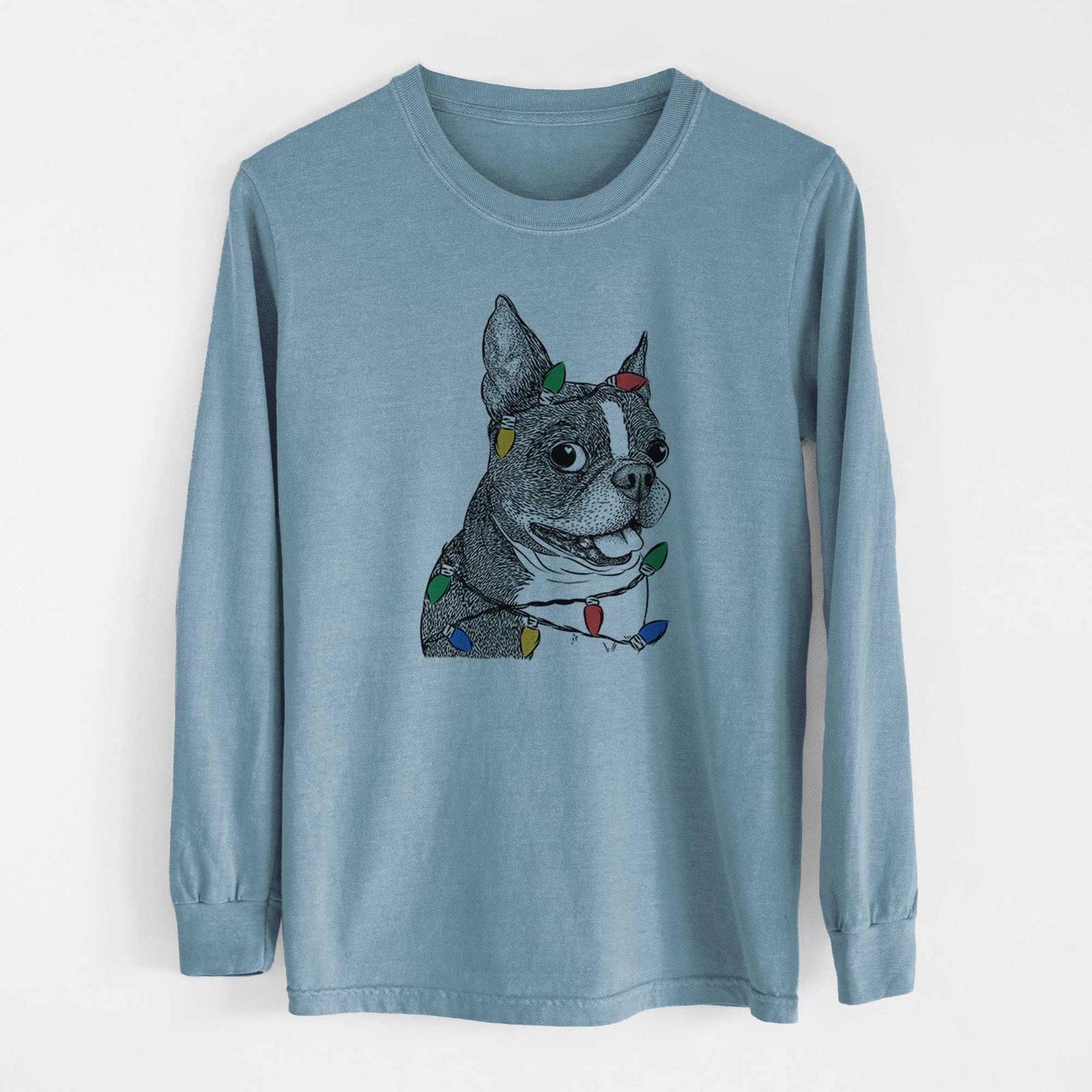 Christmas Lights Ralphie the Boston Terrier - Heavyweight 100% Cotton Long Sleeve