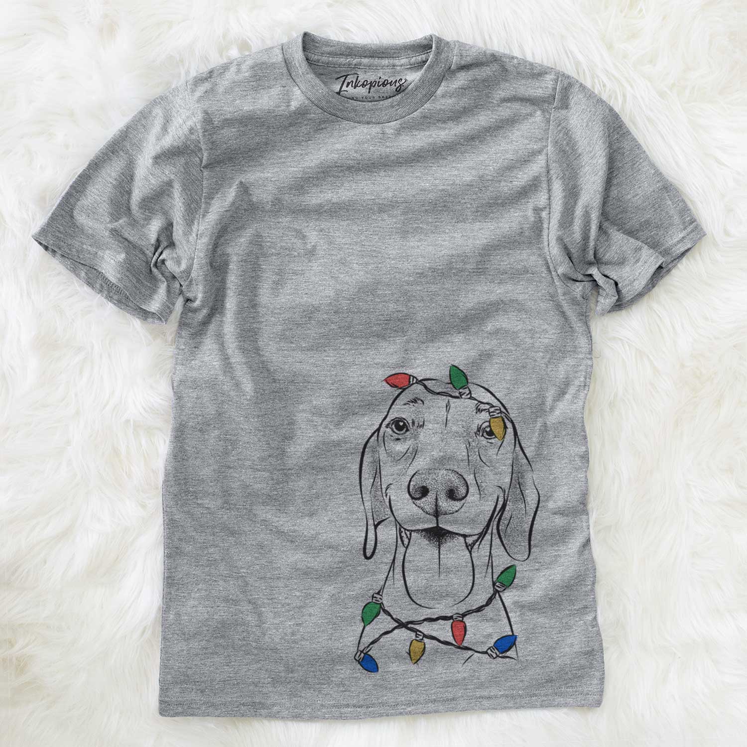 Hand-drawn sketch of Remington the Vizsla wrapped in Christmas lights on a Grey Unisex crewneck