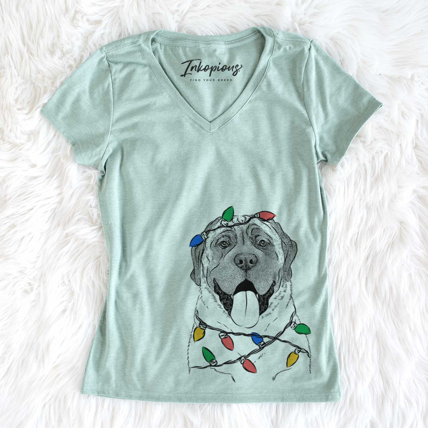 Christmas Lights Remmie the English Mastiff - Women's V-neck Shirt