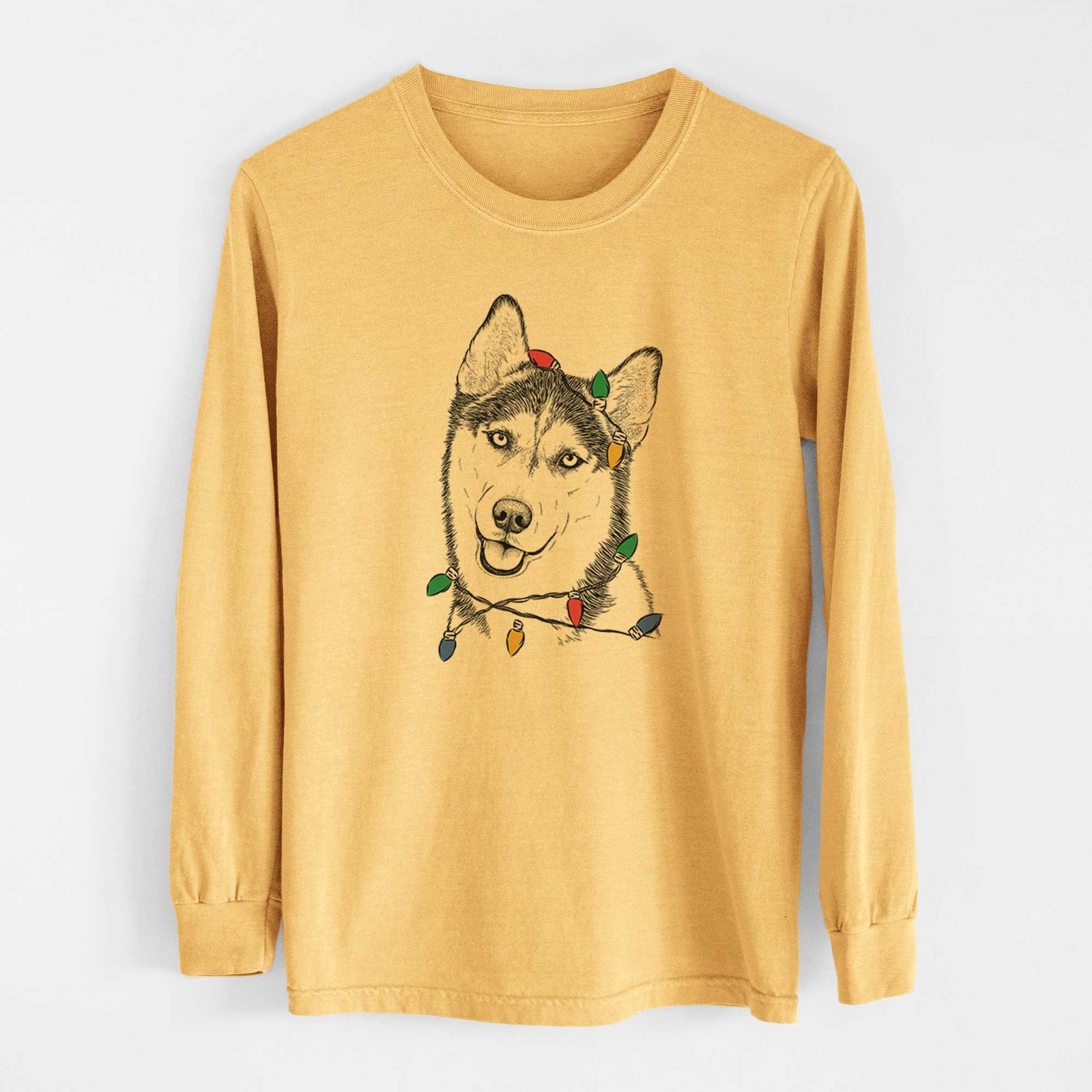 Christmas Lights Remmie the Siberian Husky - Heavyweight 100% Cotton Long Sleeve
