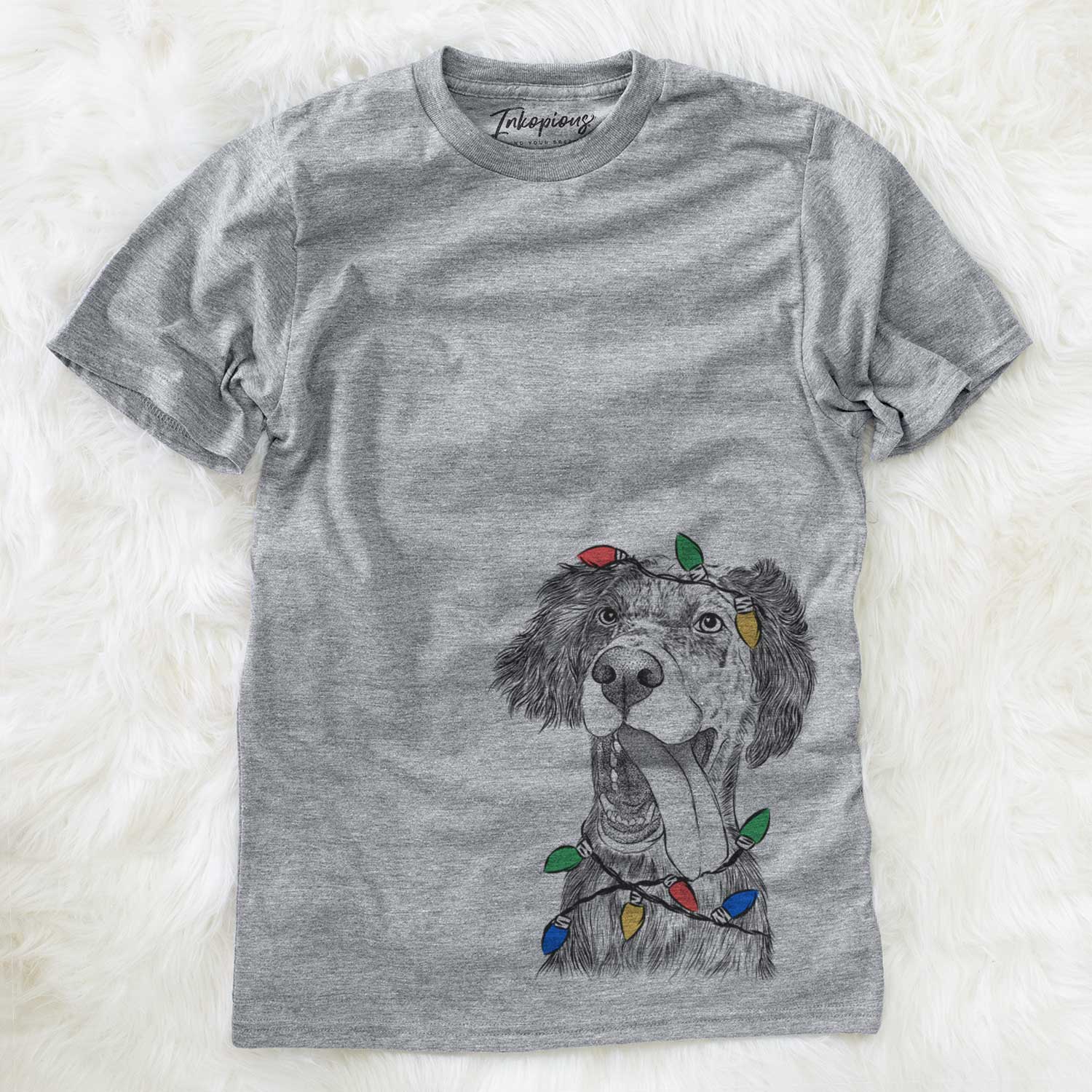 Hand-drawn sketch of Renly the English Setter wrapped in Christmas lights on a Grey Unisex crewneck