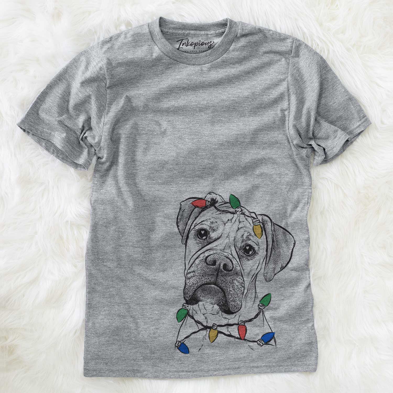Hand-drawn sketch of Reuby the Boxer wrapped in Christmas lights on a Grey Unisex crewneck
