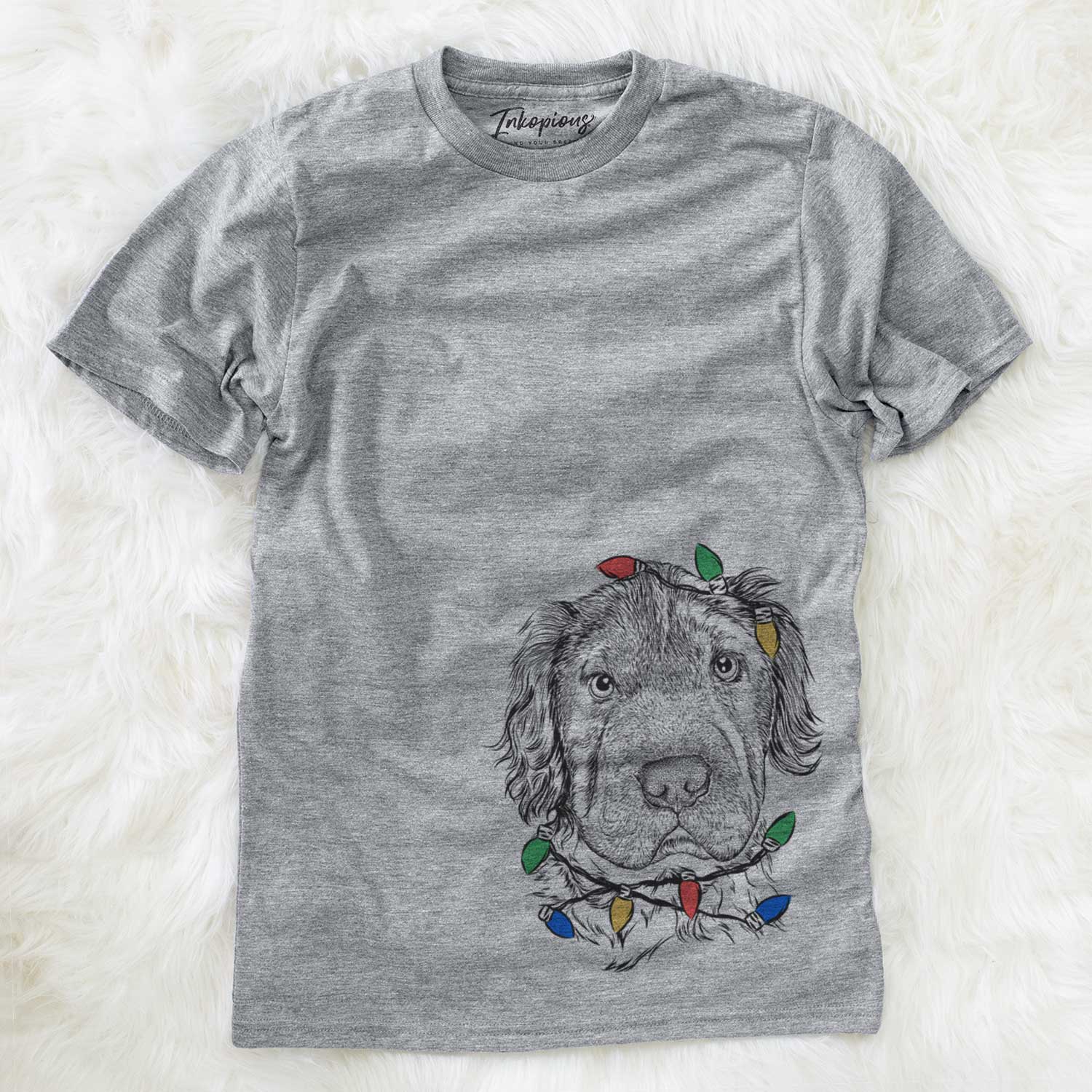 Hand-drawn sketch of Rex the Mini Hippo wrapped in Christmas lights on a Grey Unisex crewneck