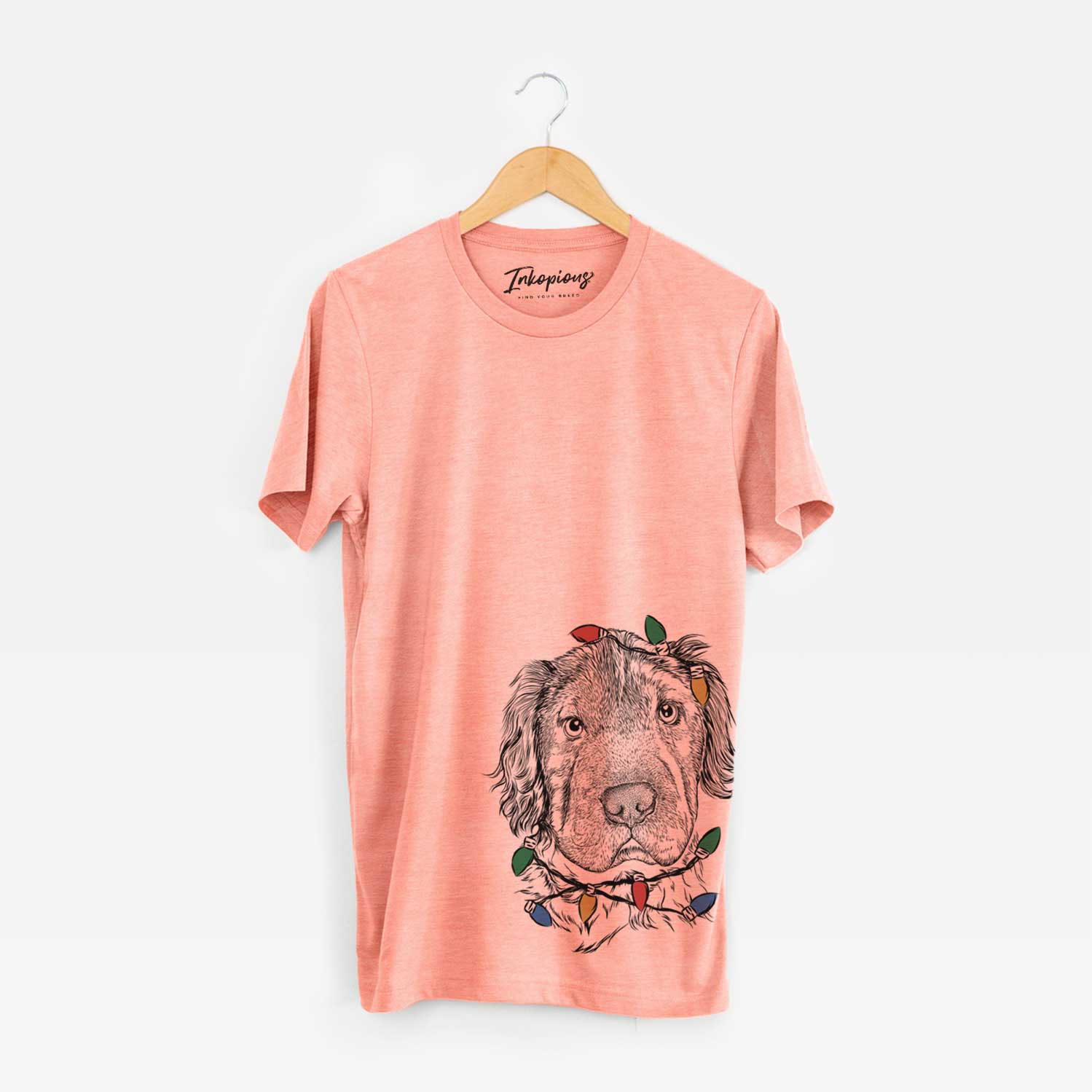 Hand-drawn sketch of Rex the Mini Hippo wrapped in Christmas lights on a Sunset Unisex crewneck