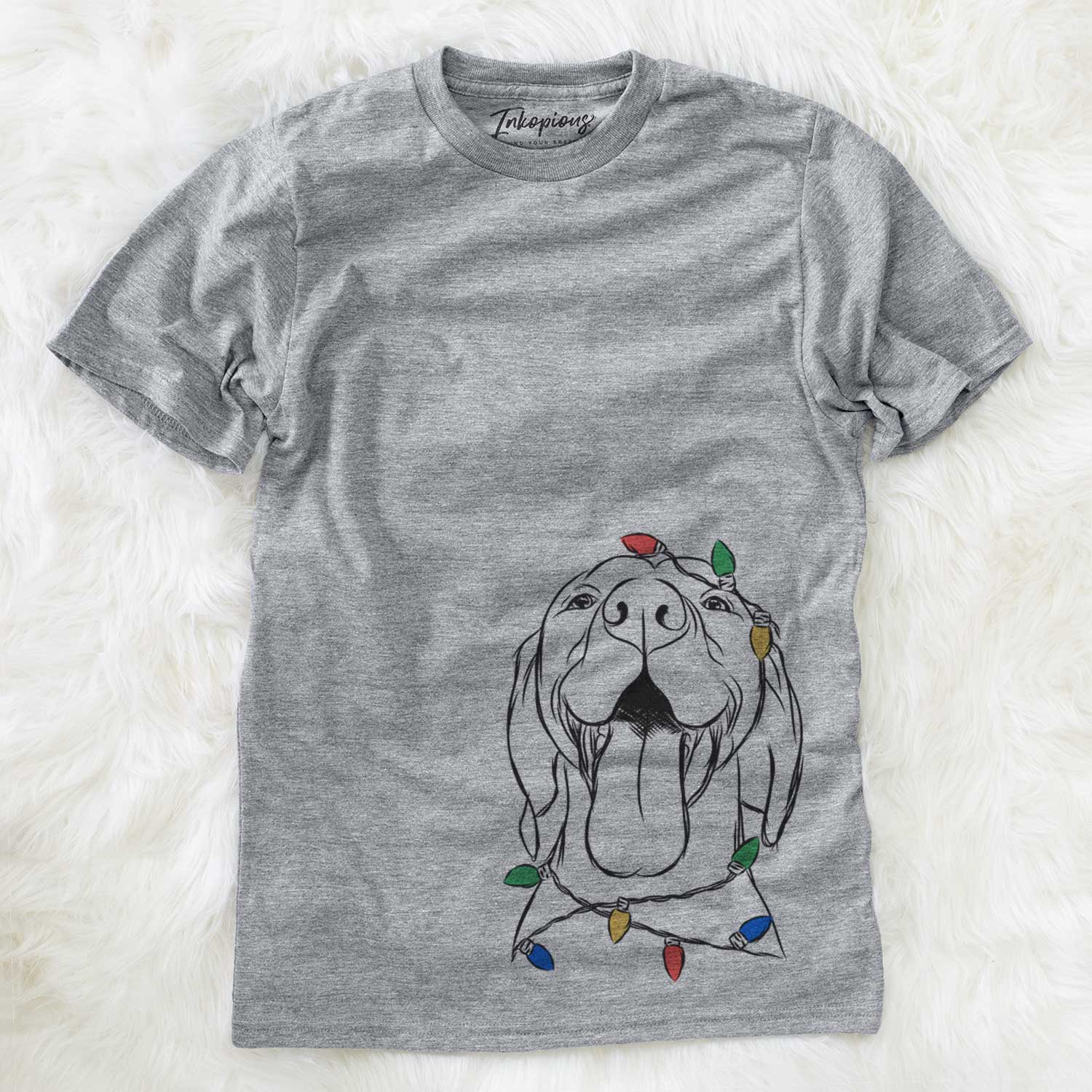 Hand-drawn sketch of Rhys the Vizsla wrapped in Christmas lights on a Grey Unisex crewneck