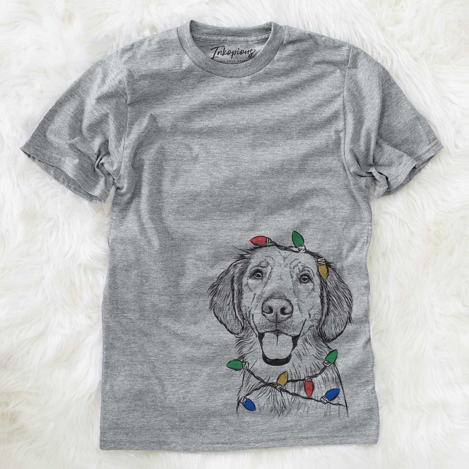 Hand-drawn sketch of Riley the Golden Retriever wrapped in Christmas lights on a Grey Unisex crewneck