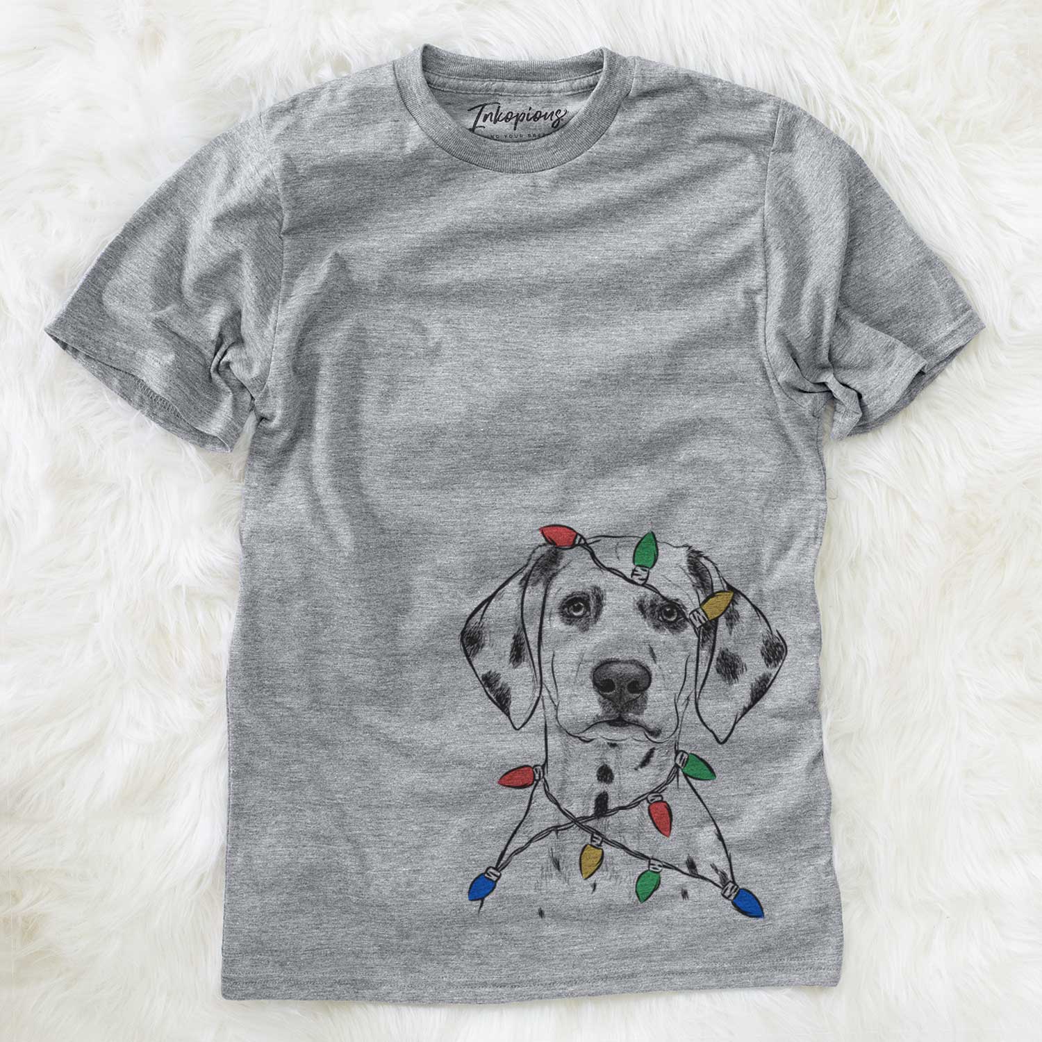 Hand-drawn sketch of Riot the Dalmatian wrapped in Christmas lights on a Grey Unisex crewneck