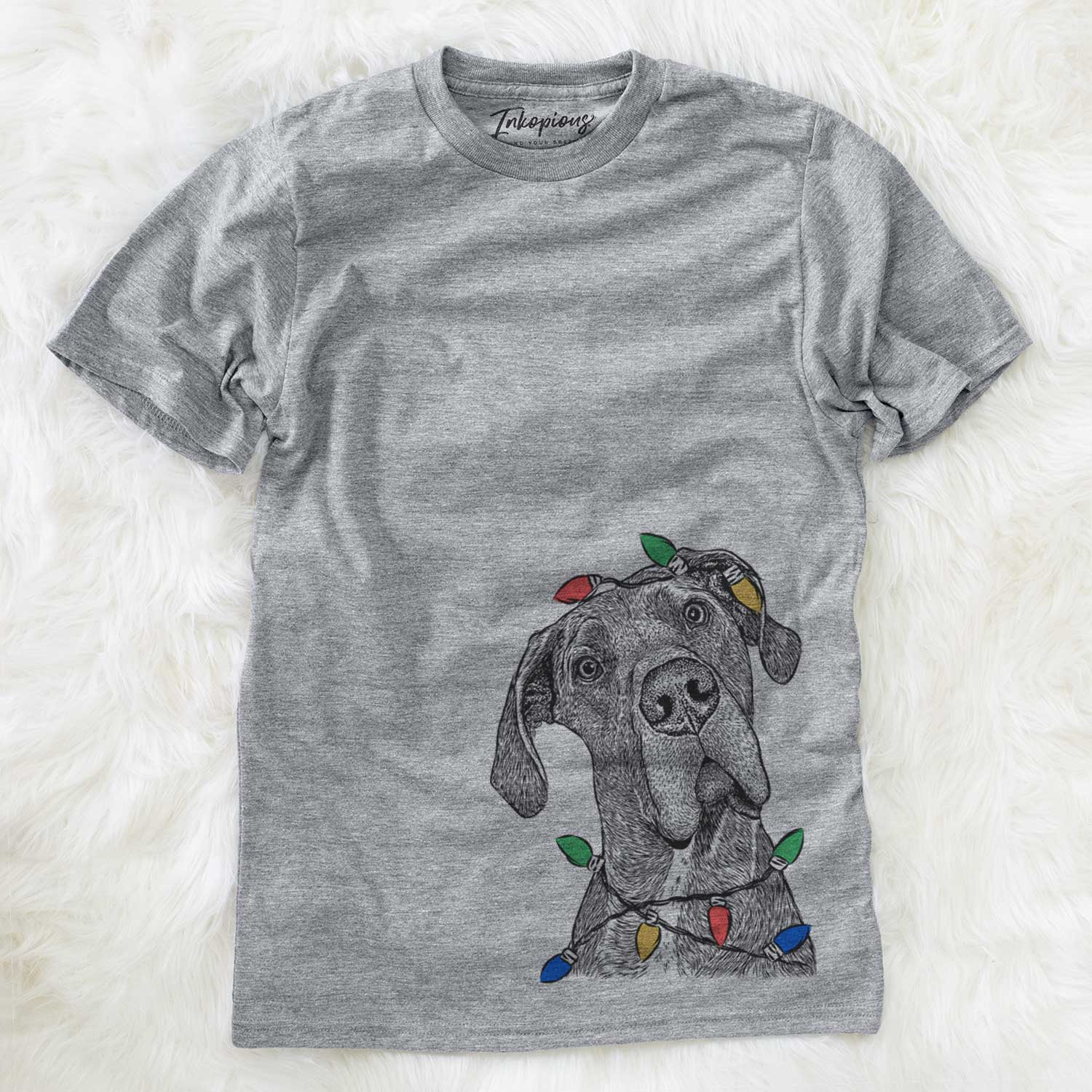 Hand-drawn sketch of River the Great Dane wrapped in Christmas lights on a Grey Unisex crewneck