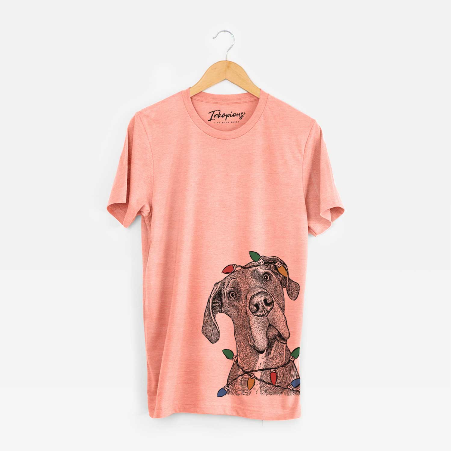 Hand-drawn sketch of River the Great Dane wrapped in Christmas lights on a Sunset Unisex crewneck